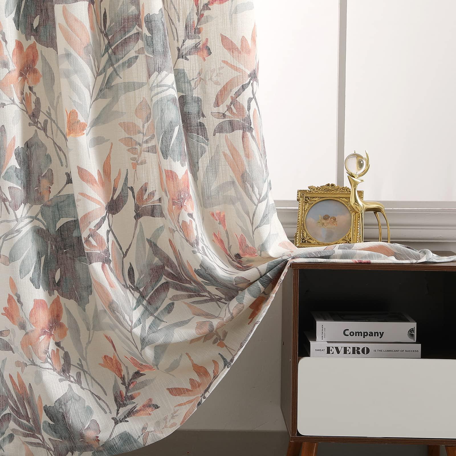 MYSKY HOME Floral Curtains 84 inches Long Printed Grommet Cotton Curtains for Living Room Bedroom Light Filtering Linen Style Curtain Burlap Effect Drape Window Treatments, 2 Panel Coral and Natural - Image 6