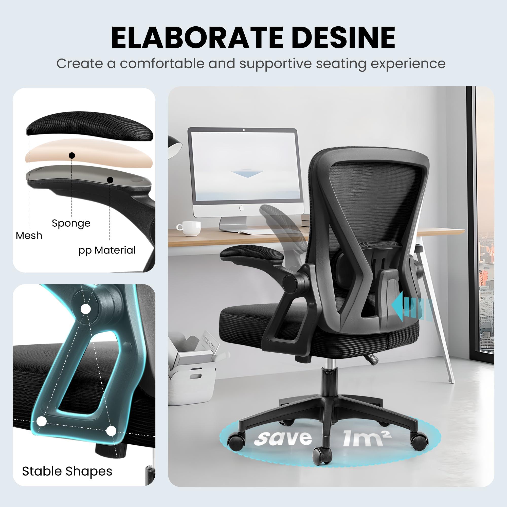 Office Chair, Ergonomic Home Computer Desk Chairs, Comfy Breathable Mesh Chair with Adjustable Lumbar Support Flip-up Armrests, Executive Task Chair with High Back for Home Office Rolling Swivel Chair - Image 5