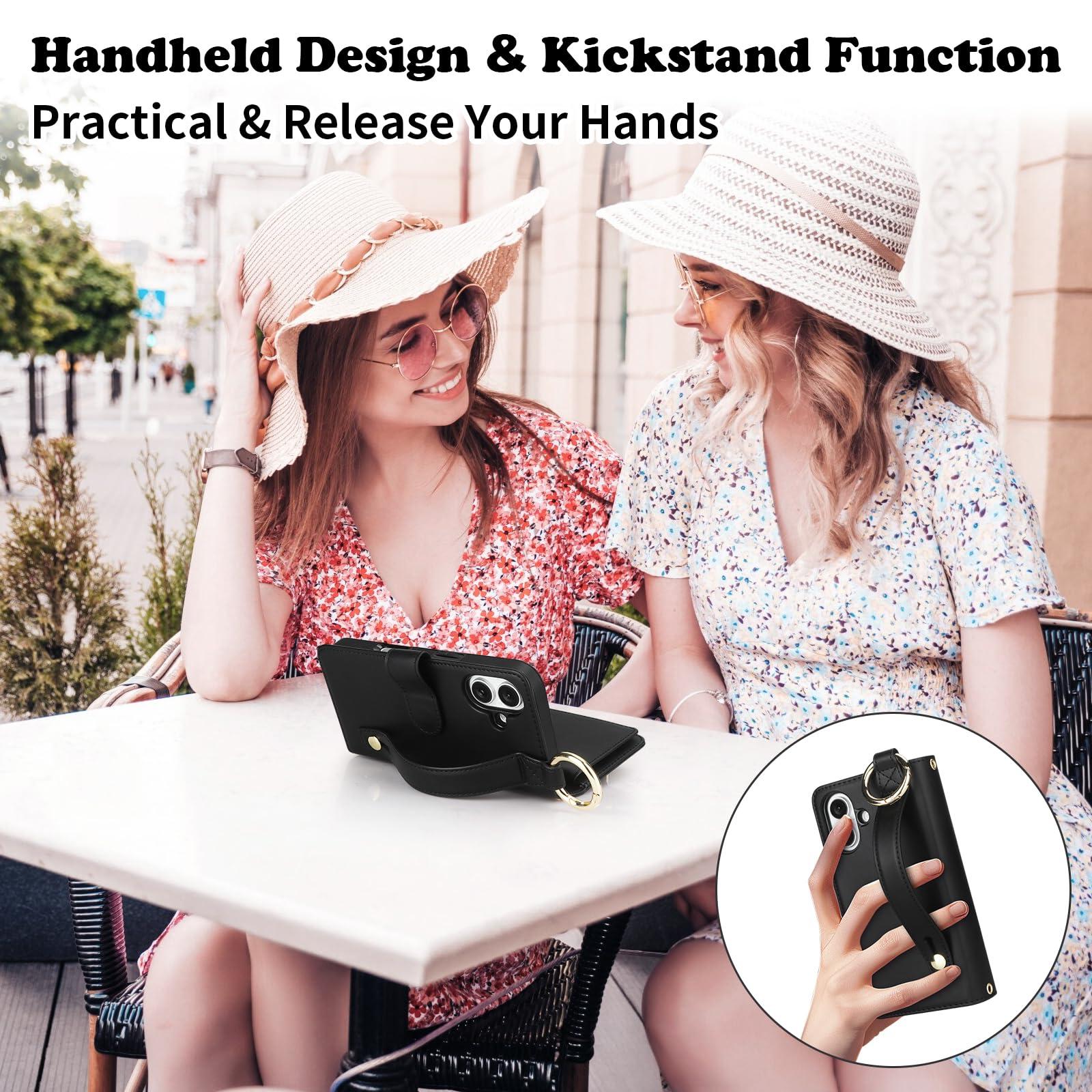 Vofolen for iPhone 16 Case with Card Holder Crossbody Strap Leather Flip Case with Magnetic Clasp Kickstand Zipper Pocket Metal Ring Heavy Duty Protective Wallet Phone Case for Women, Black - Image 5