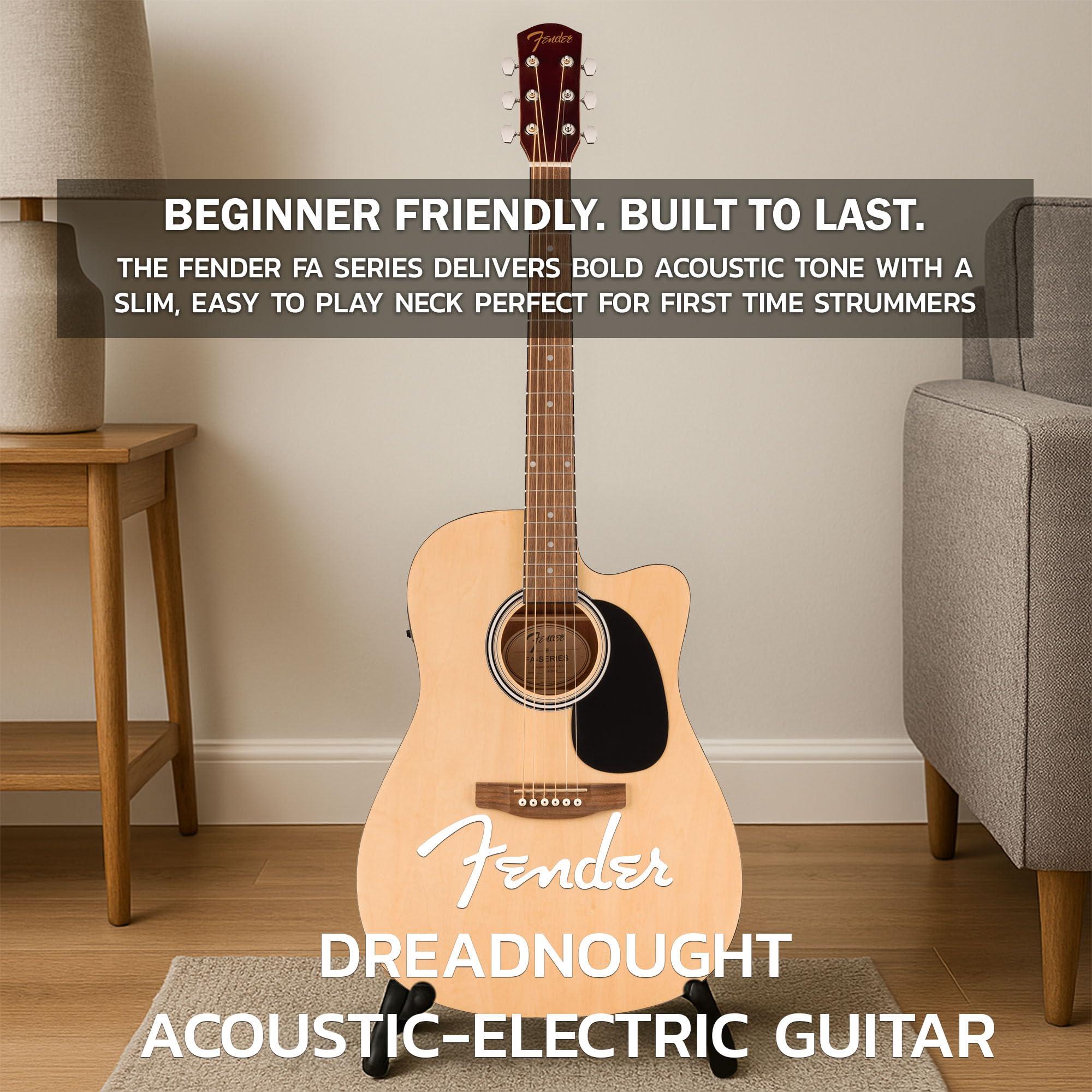 Fender Dreadnought Acoustic-Electric Guitar - Natural Bundle with Gig Bag, Strap, Strings, Picks, and Austin Bazaar Instructional Video - Image 4