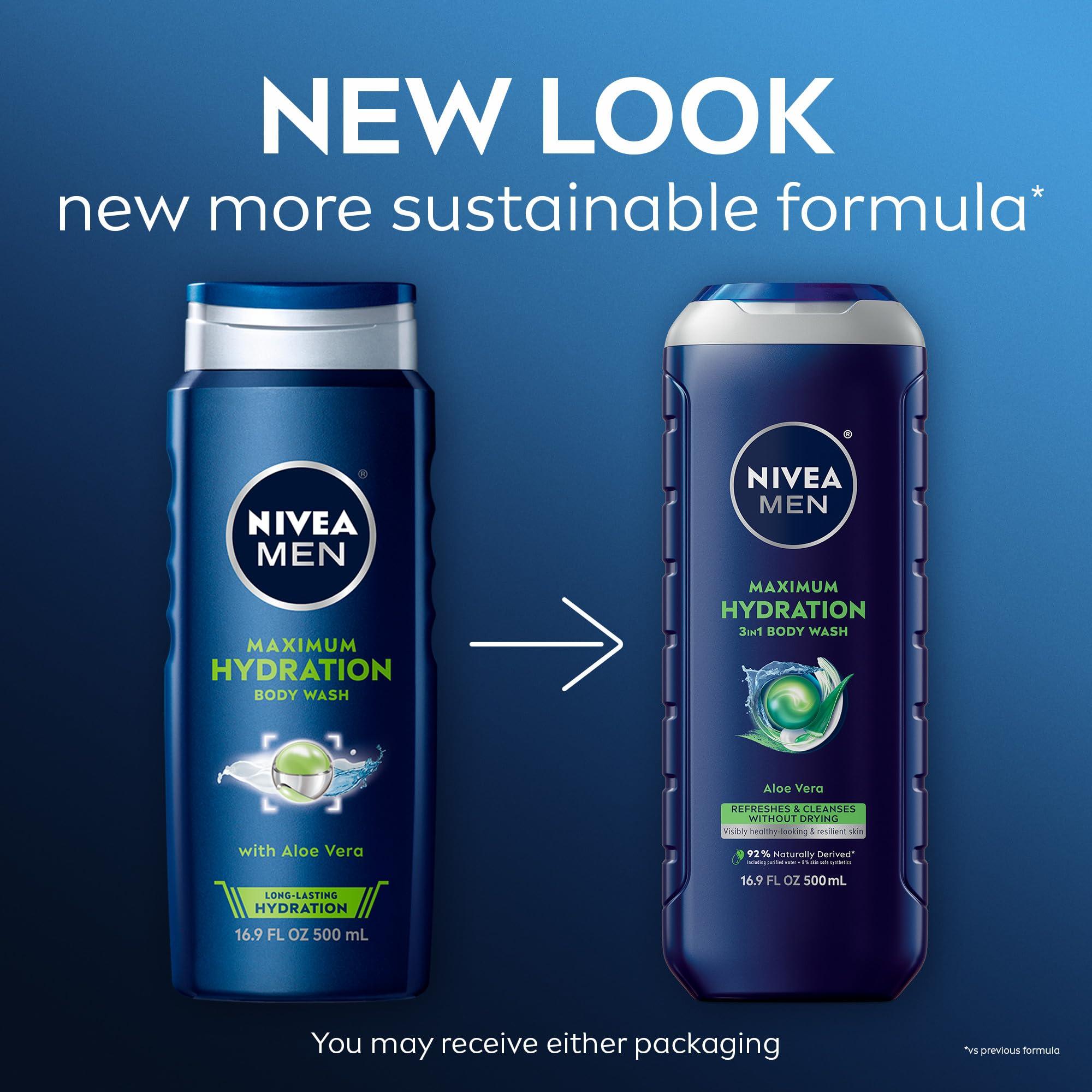 Nivea Men Maximum Hydration Body Wash for Dry Skin, Aloe Vera Enriched, 3-in-1 Moisturizing Body Wash, Face and Hair, Paraben Free, Vegan Formula, 16.9 Fl Oz Bottle, Pack of 3 - Image 2