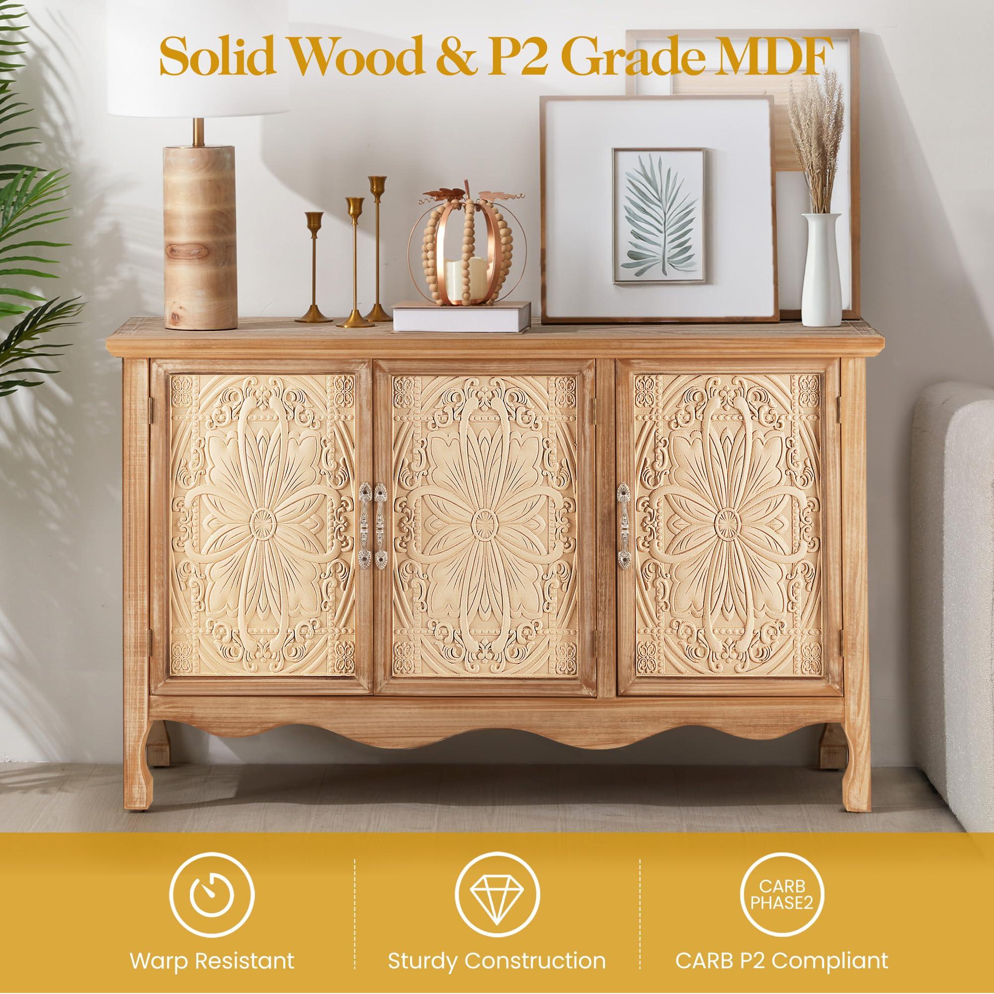 RoyalCraft Farmhouse Sideboard Buffet Cabinet with Storage, 49" Solid Wood Credenza Buffet Table Coffee Bar Wine Bar Storage Cabinet with 3 Doors for Dining Room Living Room Hallway, (Provence Grain) - Image 4