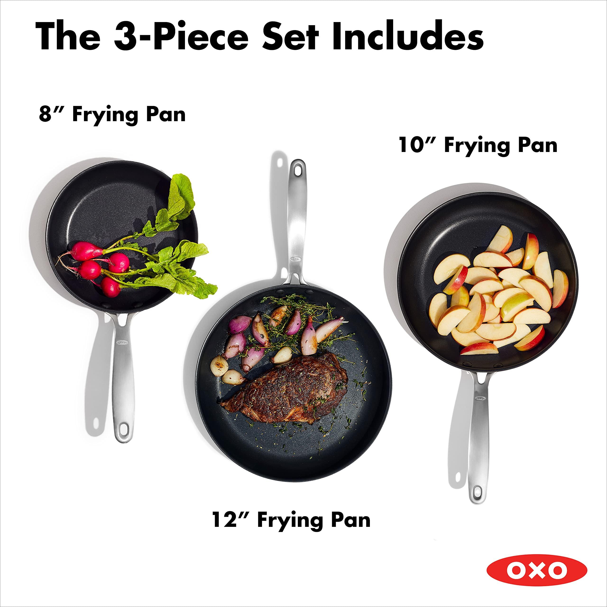 OXO 3 Piece Nonstick Frying Pan Skillet Set,  8" 10" and 12" Ceramic PFAS-Free Cookware, Stainless Steel Handle, Dishwasher Safe, Oven Safe, Black - Image 3