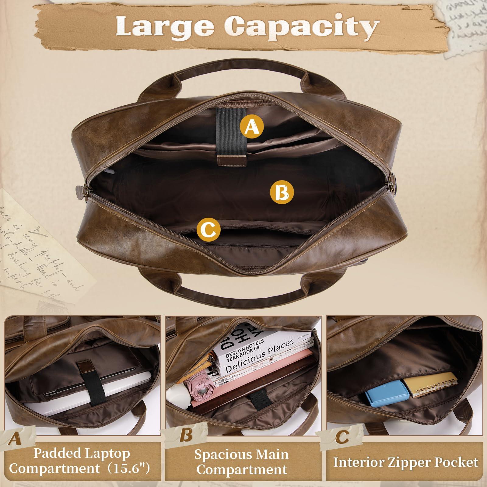 RAINSMORE Vintage Messenger Bag for Men PU Vegan Leather Computer Laptop Bag 15.6 Inch Waterproof Briefcases for Men Retro Mens Briefcase Satchel Bag for Work Office Business Travel Brown - Image 3