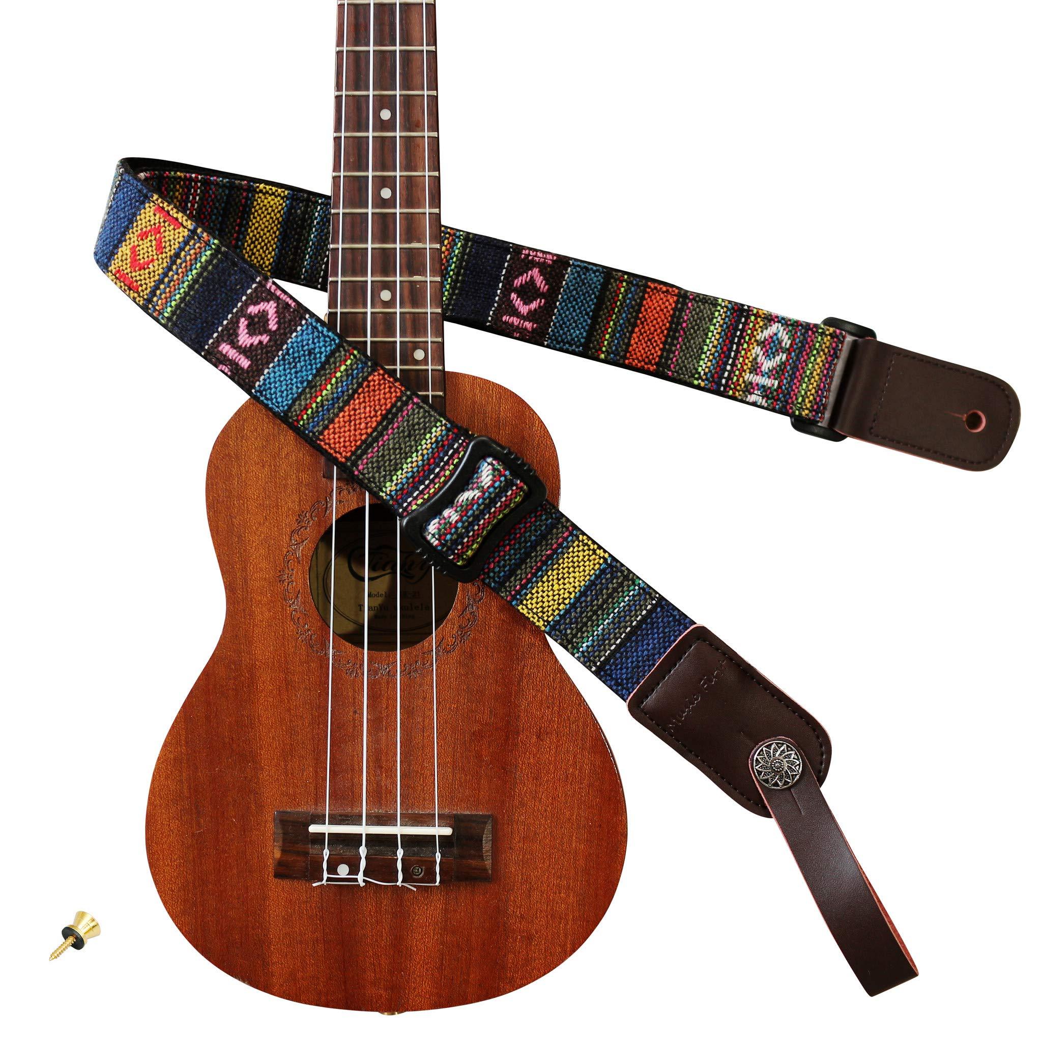 MUSIC FIRST Classic Country Style Soft Yarn-dyed Fabric & Genuine Leather Ukulele Strap Version 2.0 With Genuine Leather Strap Locker