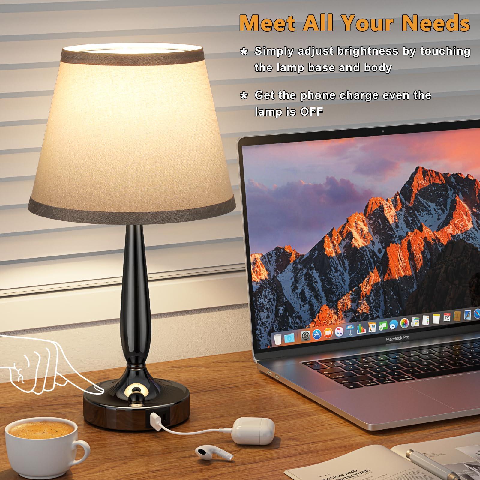 Kakanuo Touch Table Lamp for Bedroom, Small Bedside Lamp with USB C Charging Port, 3 Way Dimmable Touch Control Nightstand Lamp for Living Room and Office, LED Bulb Included - Image 2