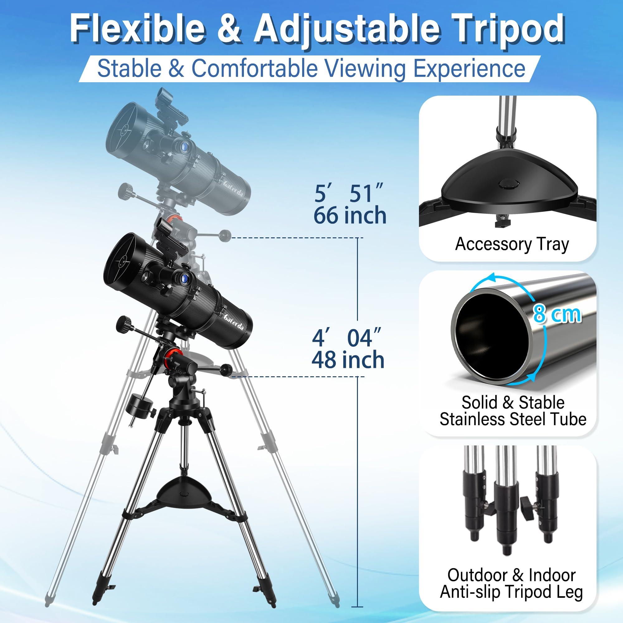 Telescope 150EQ Reflector Telescope for Adults Astronomy, Professional Manual German Equatorial Telescopes for Beginners & Kids with Eyepiece Set, Stainless Tripod, Moon Filter and Phone Adapter - Image 6