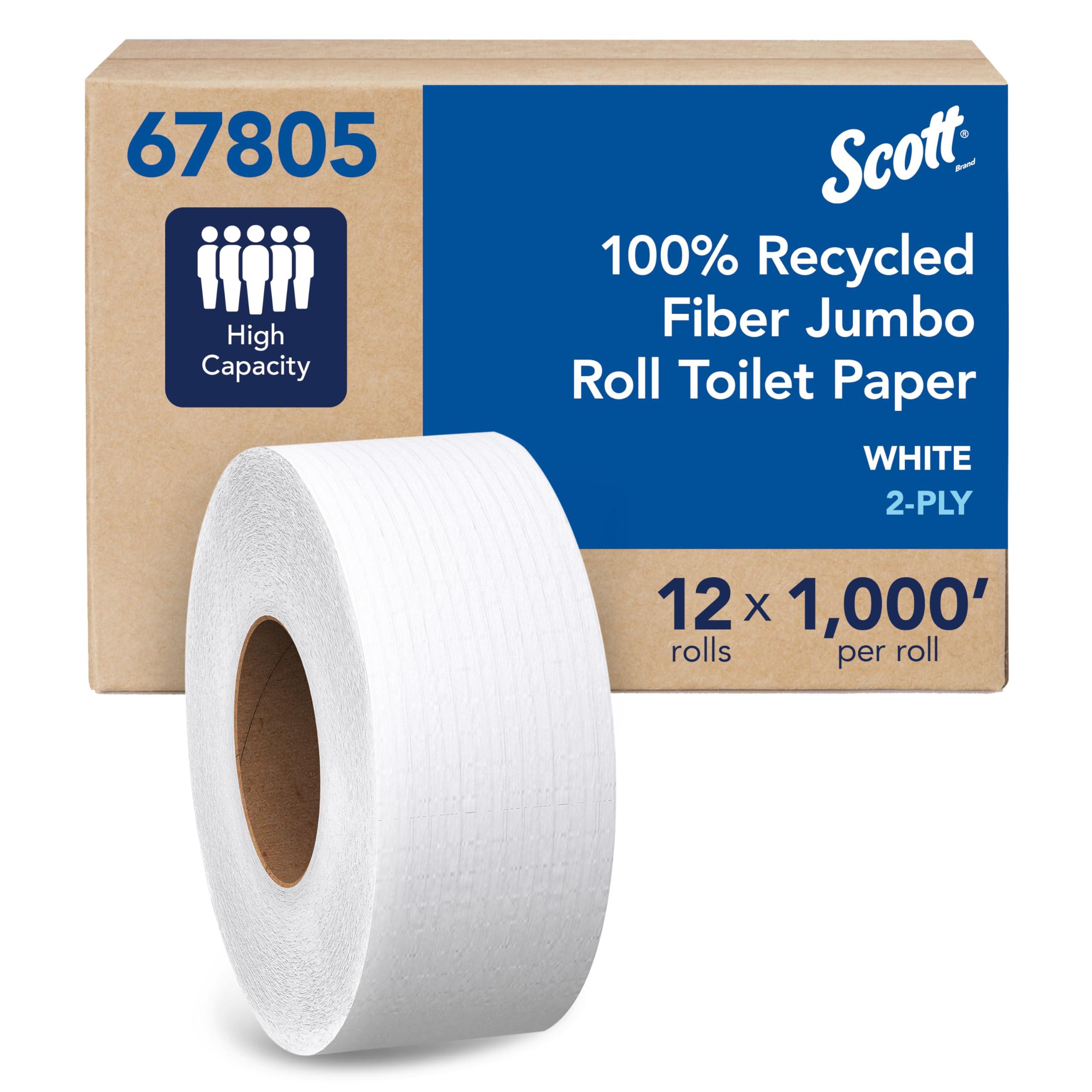 Scott Professional 100% Recycled Fiber High-Capacity Jumbo Roll Bulk Toilet Paper (67805), 2-Ply, White, Non-Perforated (12 Rolls at 1,000' Each, 12,000'/Case)