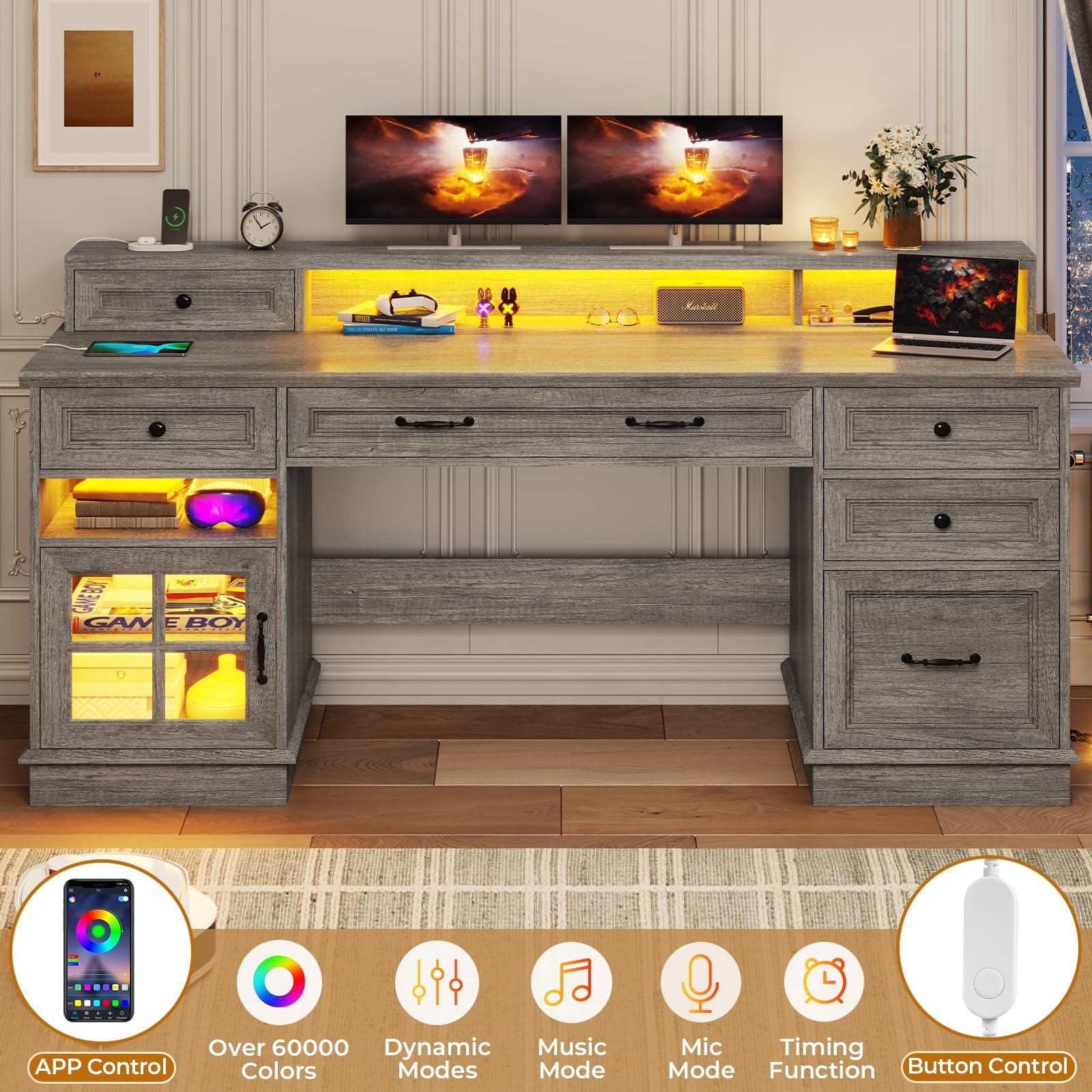 BTHFST Farmhouse Executive Desk with File Drawer, Computer Desk with Charging Station & LED Lights, Home Office Desk with Drawers & Storage Cabinet, Executive Office Desk with Monitor Stand, Grey - Image 5