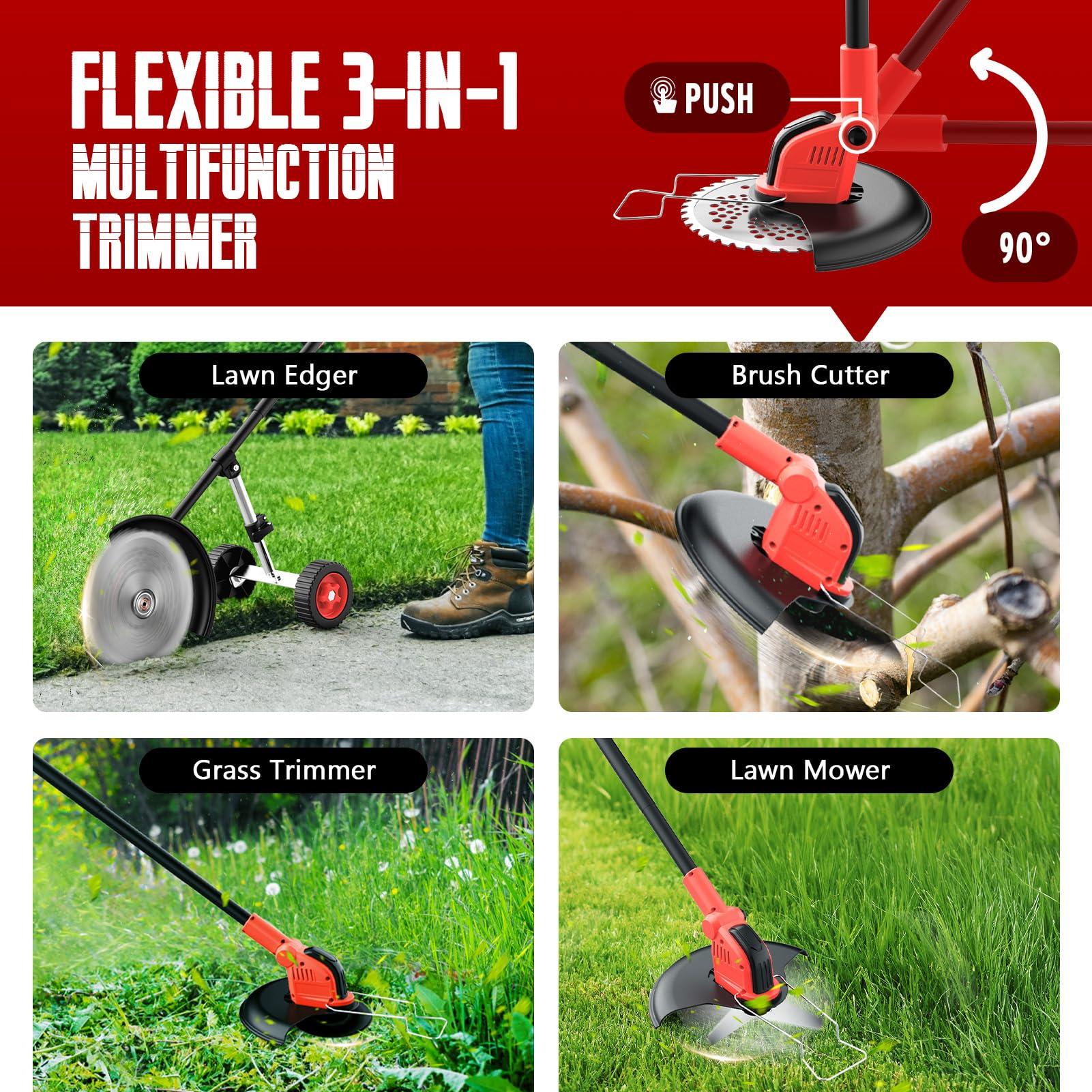 20000 RPM Electric Weed Wacker with Wheel,12″ Brushless Cordless Weed Eater Battery Powered, 4-in-1 Brush Cutter/String Trimmer/Grass Trimmer/Lawn Mower,Edger Stringless Weed Trimmer,5 Blade,2 Battery - Image 2