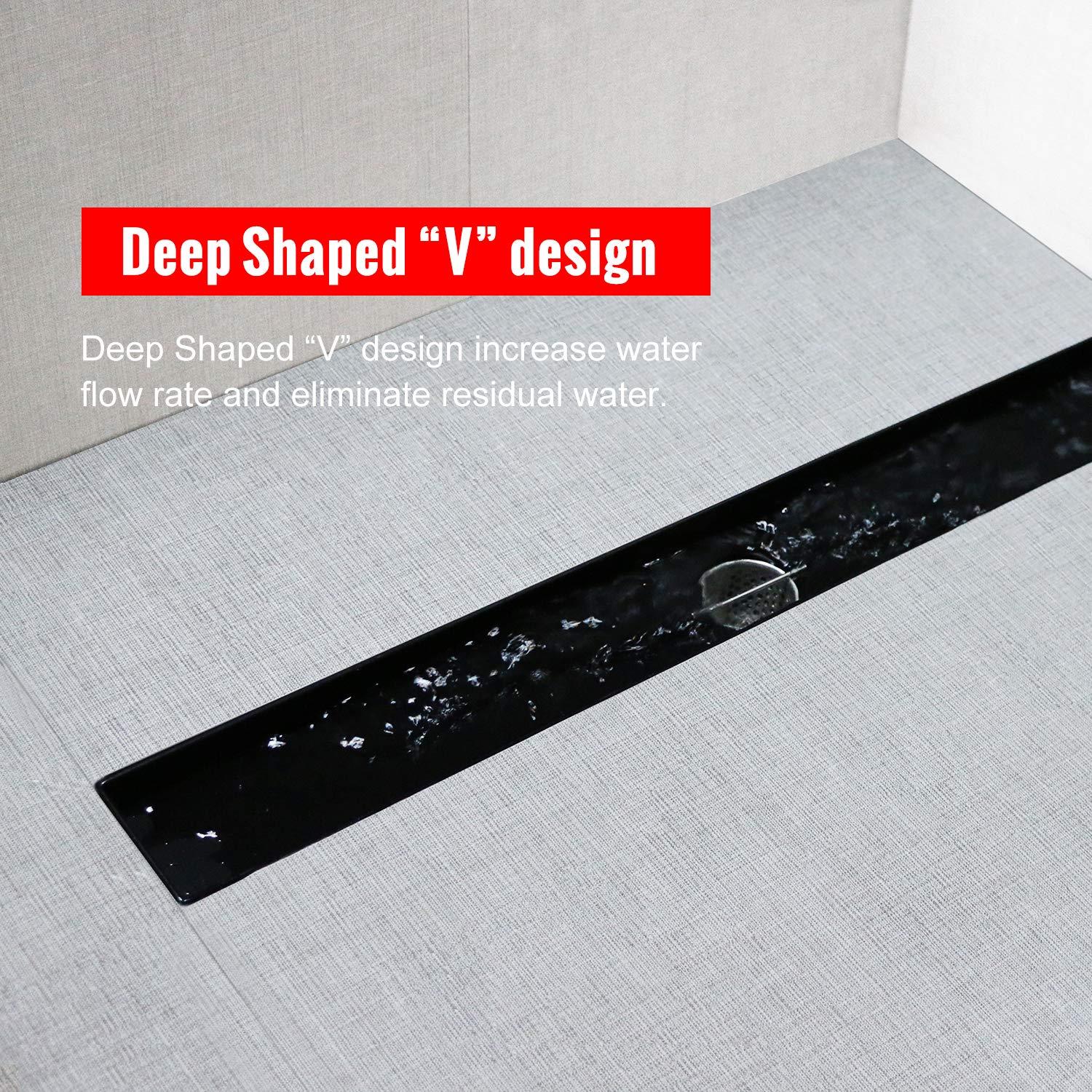 SaniteModar Linear Shower Drain, 32 inch Black Shower Drain with Removable Capsule Pattern Grate,304 Stainless Steel Shower Drain Include Hair Strainer,Adjustable Leveling Feet - Image 4
