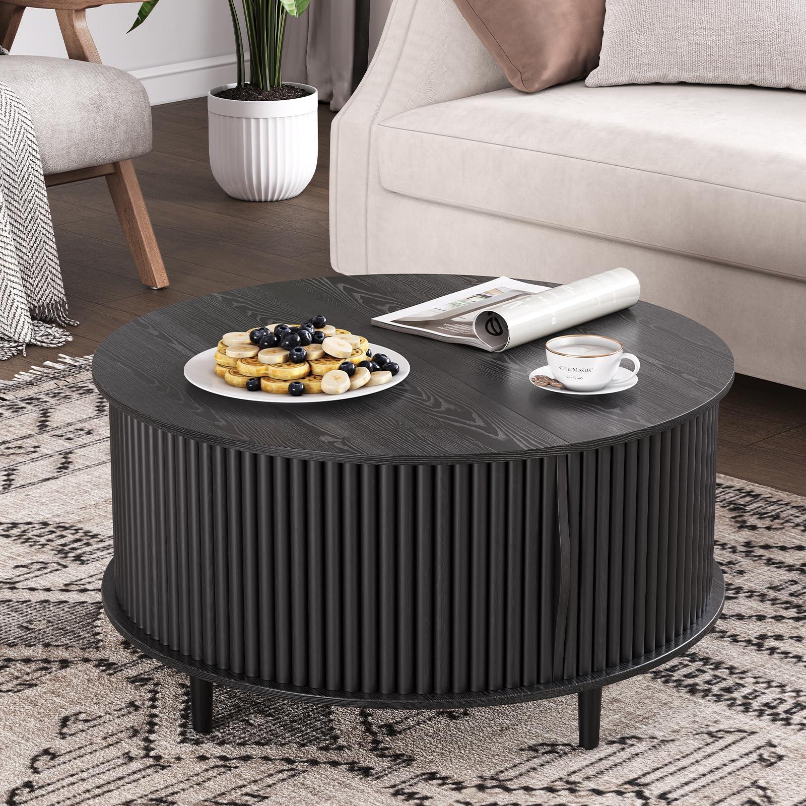 JOINICE,Round Coffee Table with Storage, Fluted Center Table with Sliding Cabinet Door, Drum Dining Table for Living Room, Home Small Space, 31.5", Black - Image 5