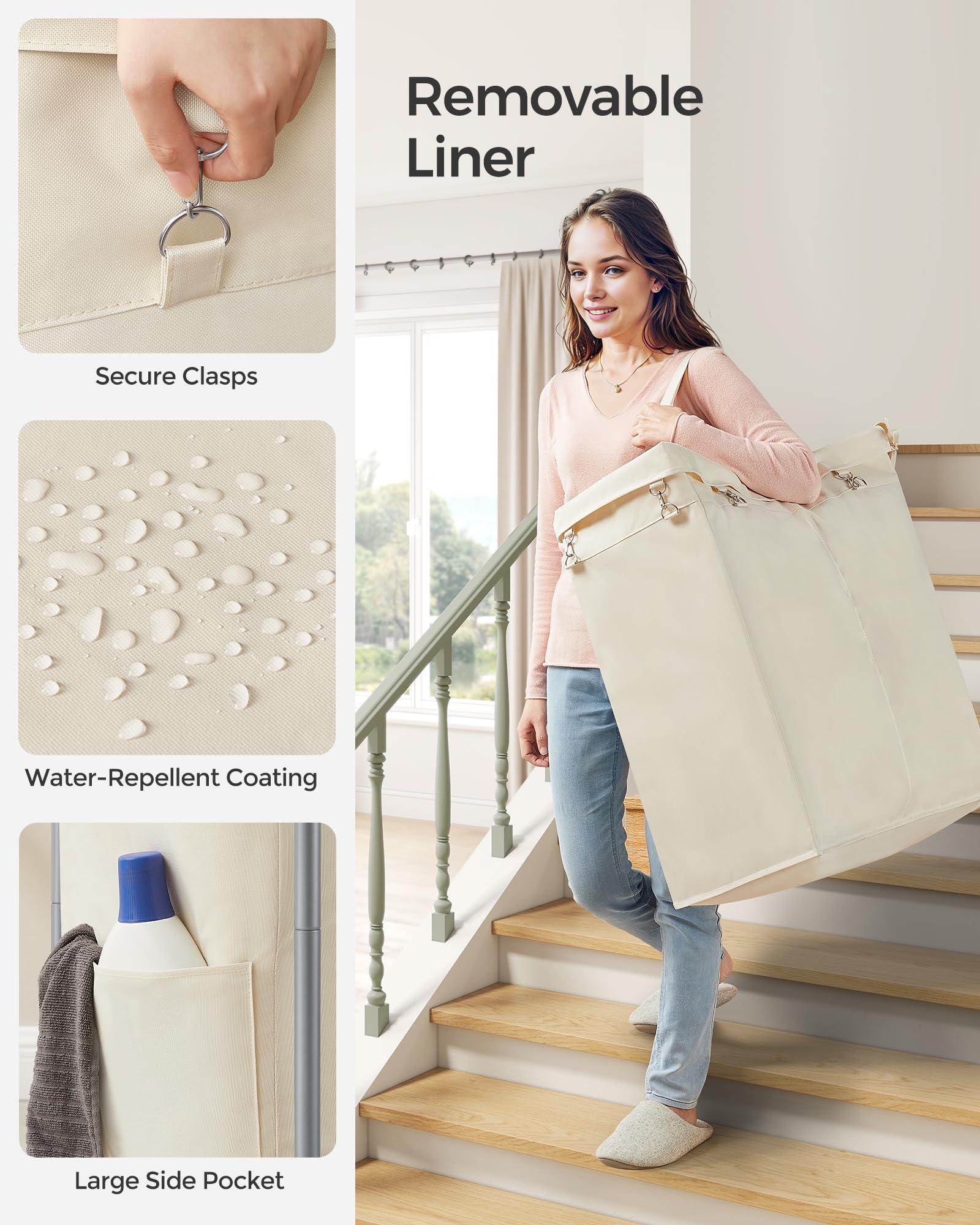 SONGMICS Laundry Basket with Wheels, 2-Section Rolling Laundry Hamper, 37 Gallons (140L), Removable Liner, Steel Frame with Handle, Blanket Storage, 27.2 x 15.4 x 31.9 Inches, Cream White URLS004W01 - Image 5