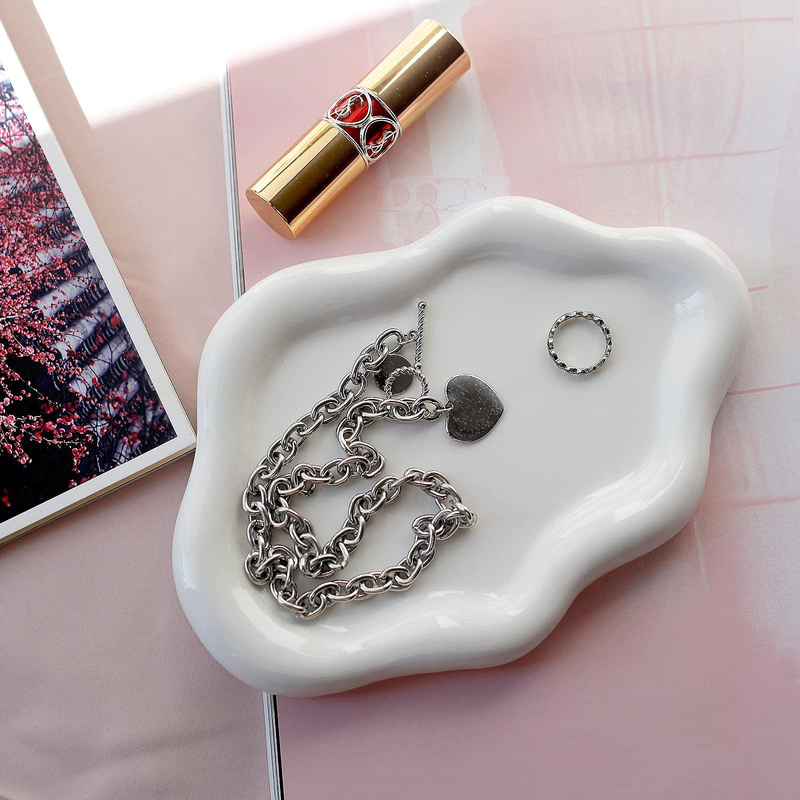 MDFAYE Jewelry Dish Trinket Tray for Women, Ring Dish Holder, Unique Cloud Shape Ceramic Plate Cute Things Vanity Aesthetic Room Decor Mother's Day Birthday (White) - Image 5