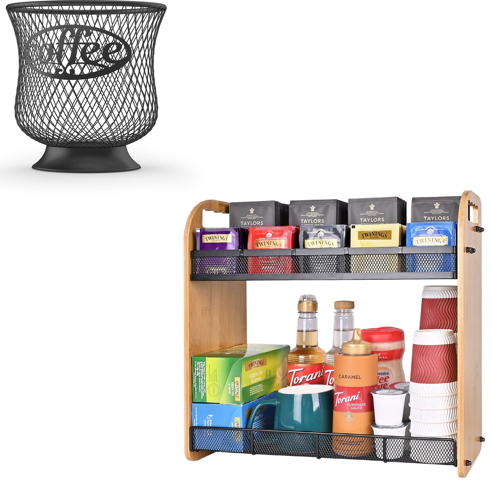 ITHSKUILL Coffee Pod Holder & Tea Bag Organizer, Large Capacity Tea Organizer for Tea Bags, Bamboo Multi-functional Storage Coffee Bar Accessories