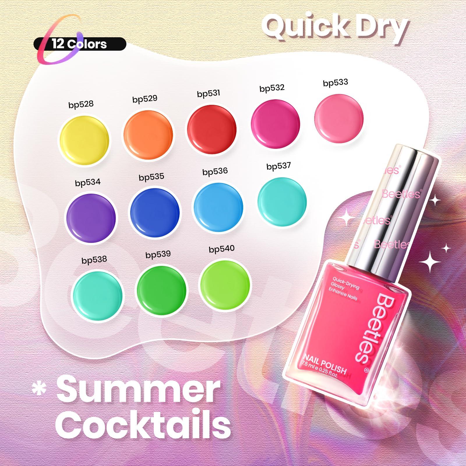 Beetles Neon Nail Polish Set - Quick Dry Nail Polish Kit 12 Colors Hot Pink Green Blue Yellow Red Regular Air Dry Fingernail Polish Pack for Women Gift Beetles Summer Cocktails 12 Colors - Image 2