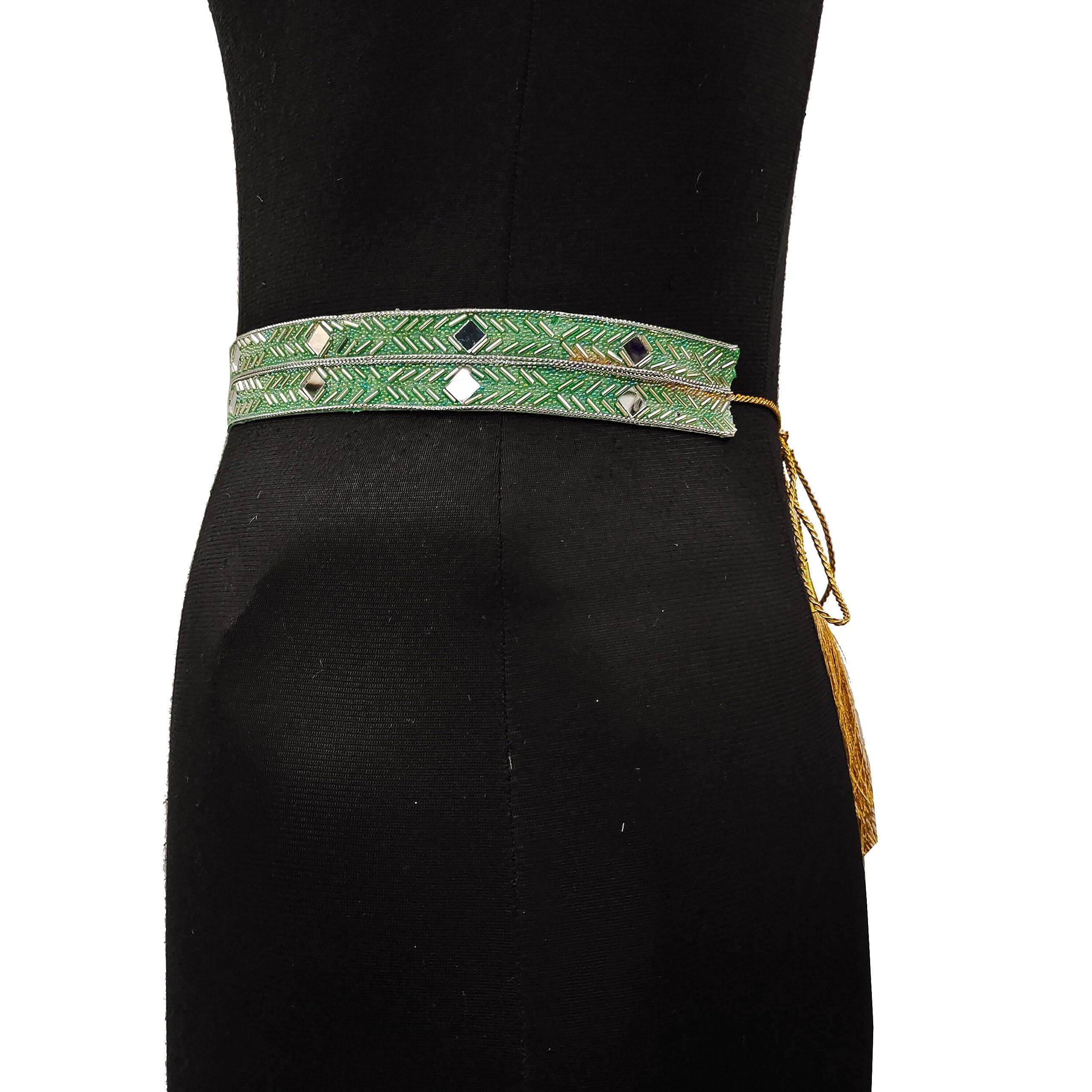 Purala Women's Fabric Kamarband Saree belt waist hip Waist for saree Girl gaun women Lehnga choli Tredisnal Hand Work bally chain cloth Belt (45 2kas green cros) - Image 3