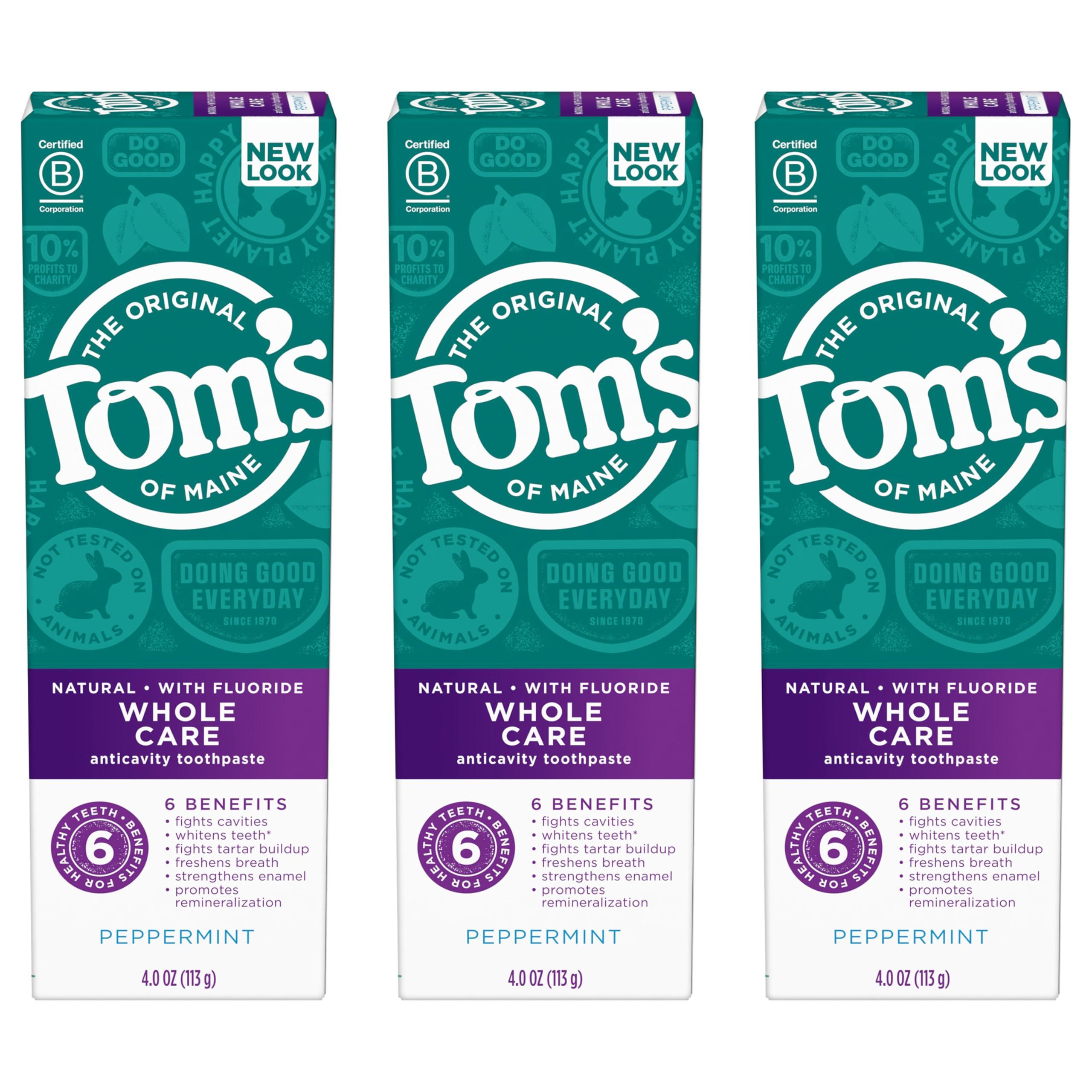Tom's of Maine Whole Care Natural Toothpaste with Fluoride, Peppermint, 4 oz. 3-Pack (Packaging May Vary) - Image 8