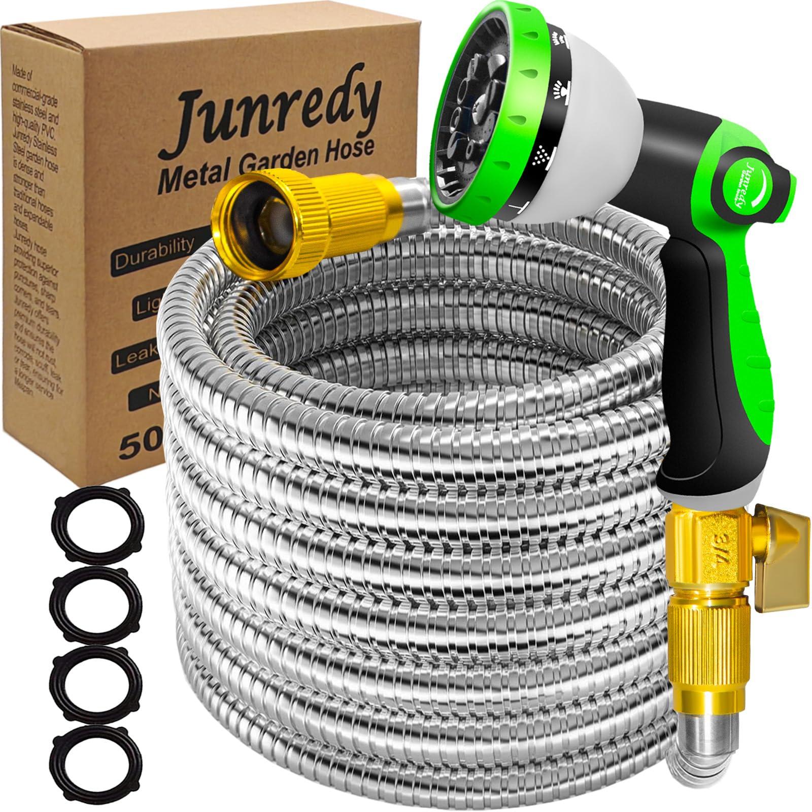 Junredy 50FT Stainless Steel Garden Hose, Heavy Duty Flexible Metal Water Hose with 10-Function Nozzle, Lightweight & No-Kink Garden Hose, Durable Solid Fittings for Lawn, Car, RV, Outdoor Watering