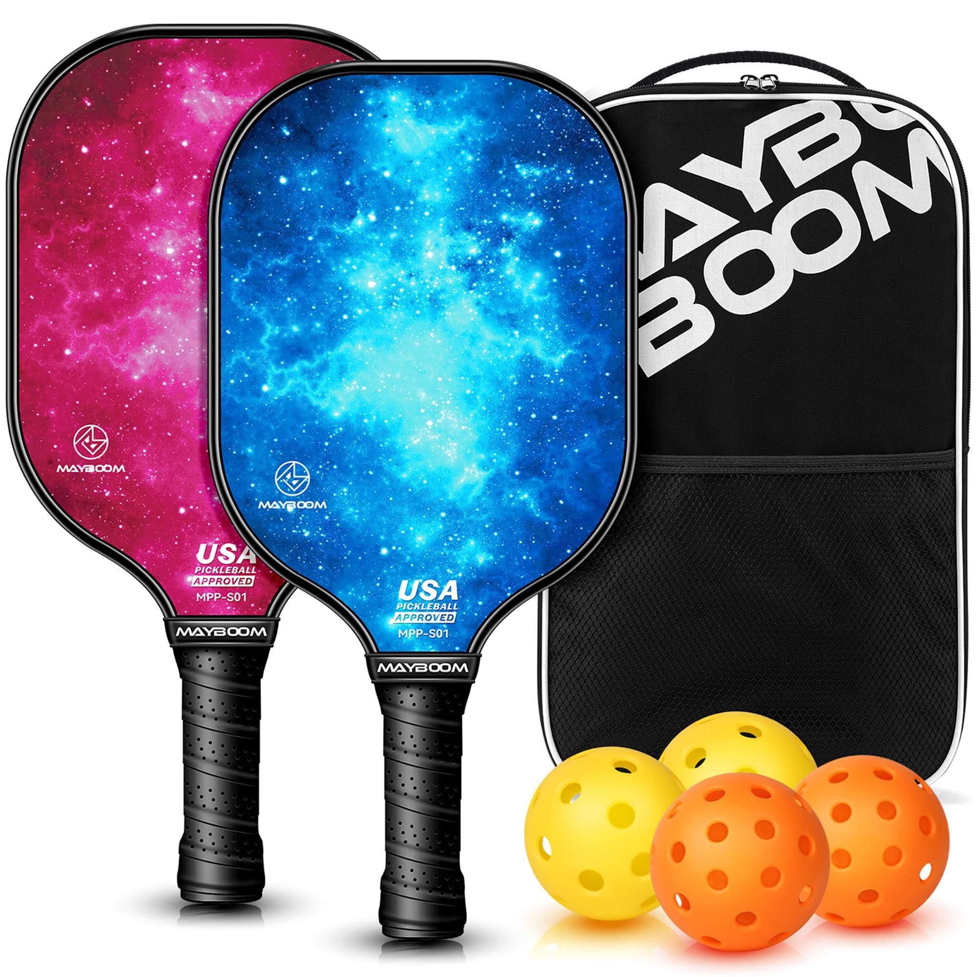 Mayboom Pickleball Paddles Set of 2 or 4, USAPA Approved Pickleball Set with 4 Pickleball Balls and Pickleball Bag, Fiberglass Pickle Ball Rackets 2 Pack for Beginner