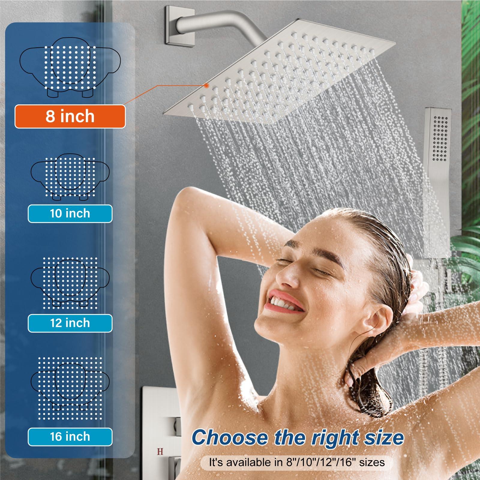 Midanya Rain Shower System Tub Shower Faucet Set Square Rainfall Shower Head with Handheld Sprayer and Waterfall Tub Spout Rough-in Valve Shower Mixer Combo,8 Inch Brushed Nickel - Image 3