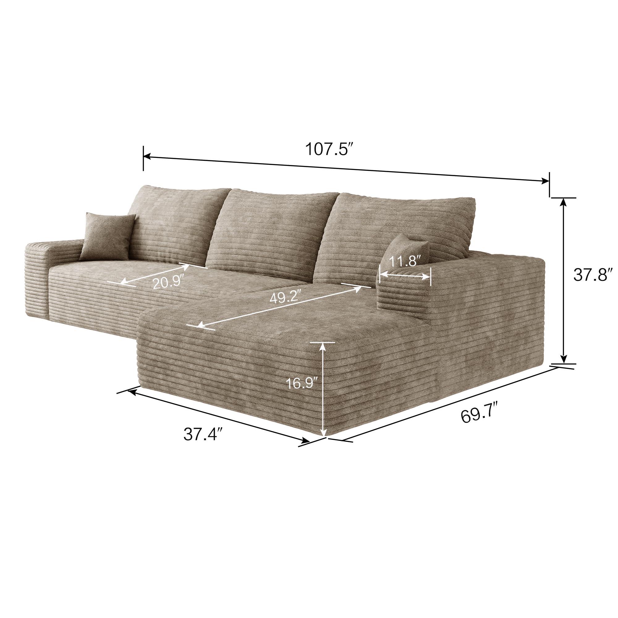 Oversized 2-Piece Right Facing Cloud Sectional Sofa Fluffy Corduroy Upholstered Corner Couch with Chaise Daybed, L-Shape Floor Sofa&Couch with Throw Pillows for Living Room,No Assembly Required - Image 2