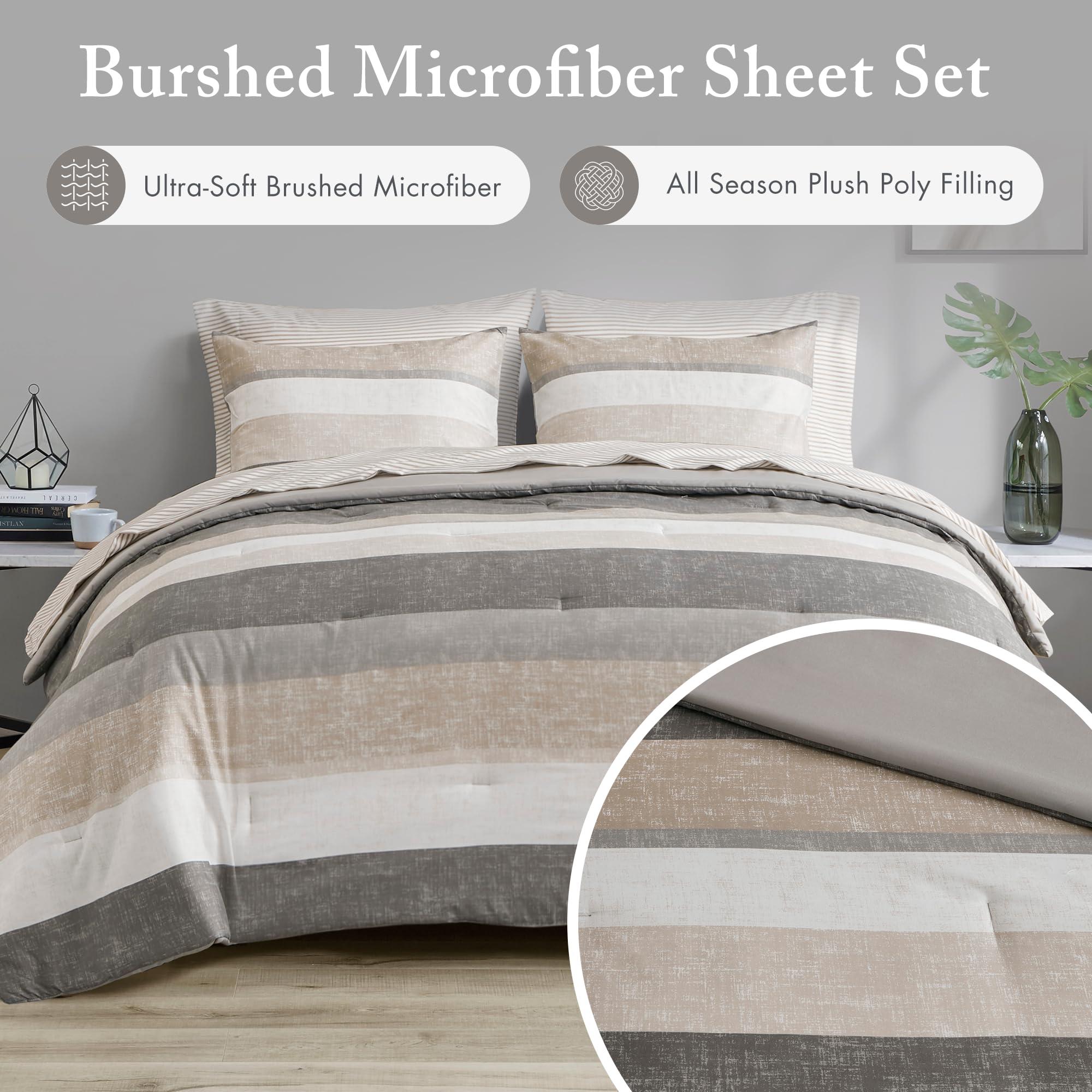 Madison Park Essentials Queen Comforter Set, Bed in A Bag Comforter & Sheet Set, Modern Casual Stripes Print, All Seasons, Soft Microfiber Bedding Makeover, Matching Shams, Queen Taupe/Grey 7 Piece - Image 3