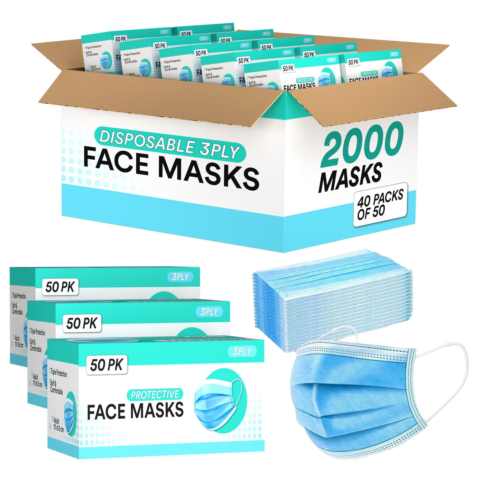 2000 Bulk Blue Disposable Face Masks Level 2 Non Woven Thick 3-Layers Breathable Facial Masks with Adjustable Earloop, Mouth and Nose