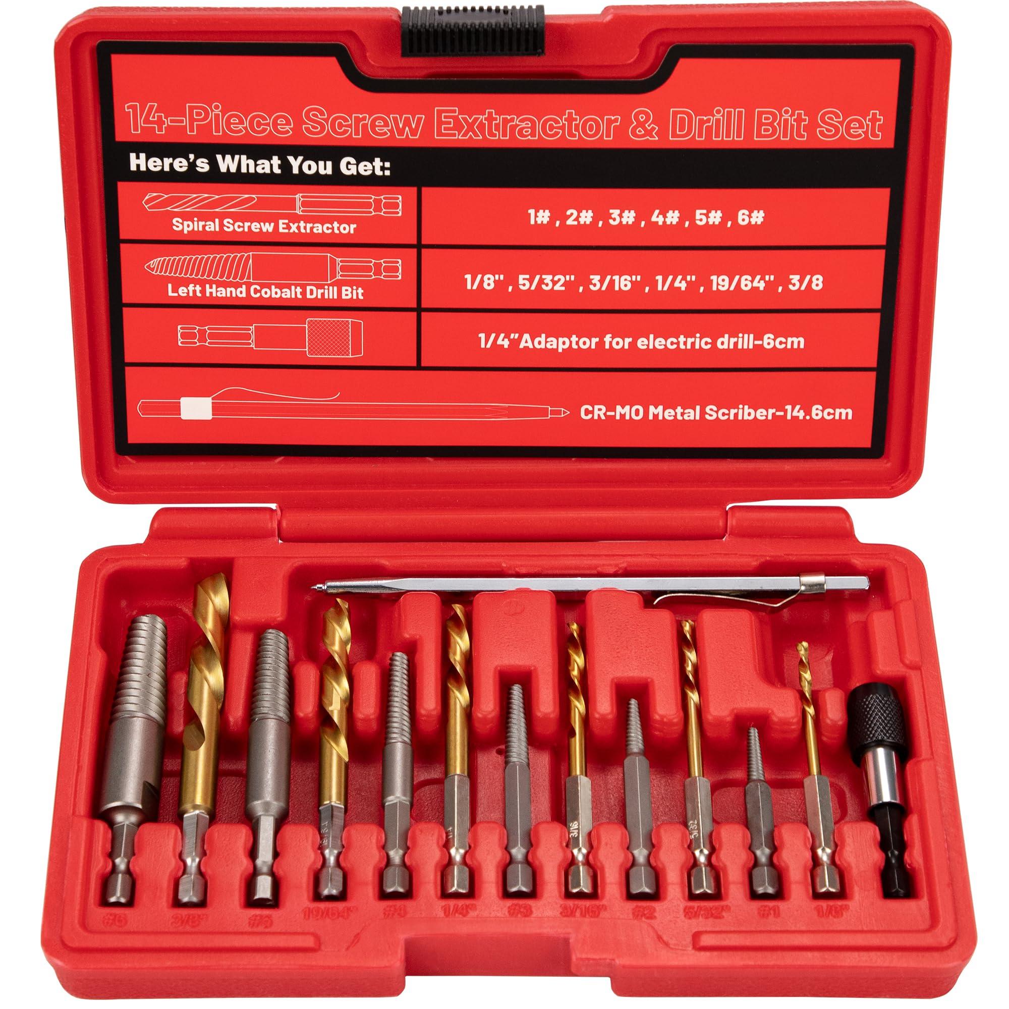 UYECOVE 14PCS Spiral Screw Extractor Set with Tungsten Carbide Tip Scriber Pen - 6542/4341 HSS Steel Cobalt Left Hand Drill Bits Set - 1/4'' Adapter - Removing Stripped Screws Bolts