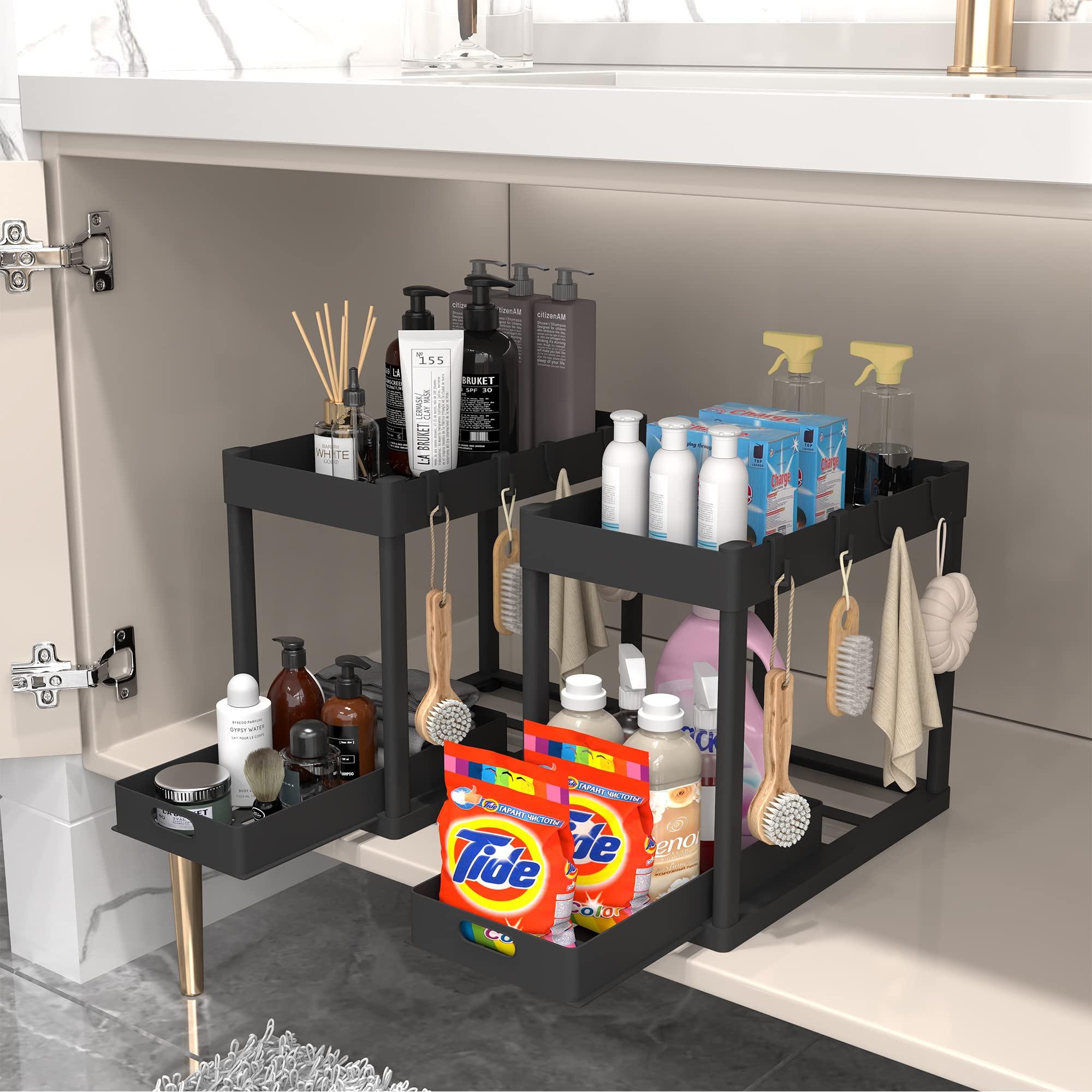 POUGNY 2PC Under Sink Organizer Rack 2 Tier Under Sliding Cabinet Basket Organizer Drawer with 4 Hooks, Multi-purpose Under Sink Storage for Bathroom Kitchen Desktop（Black） - Image 5
