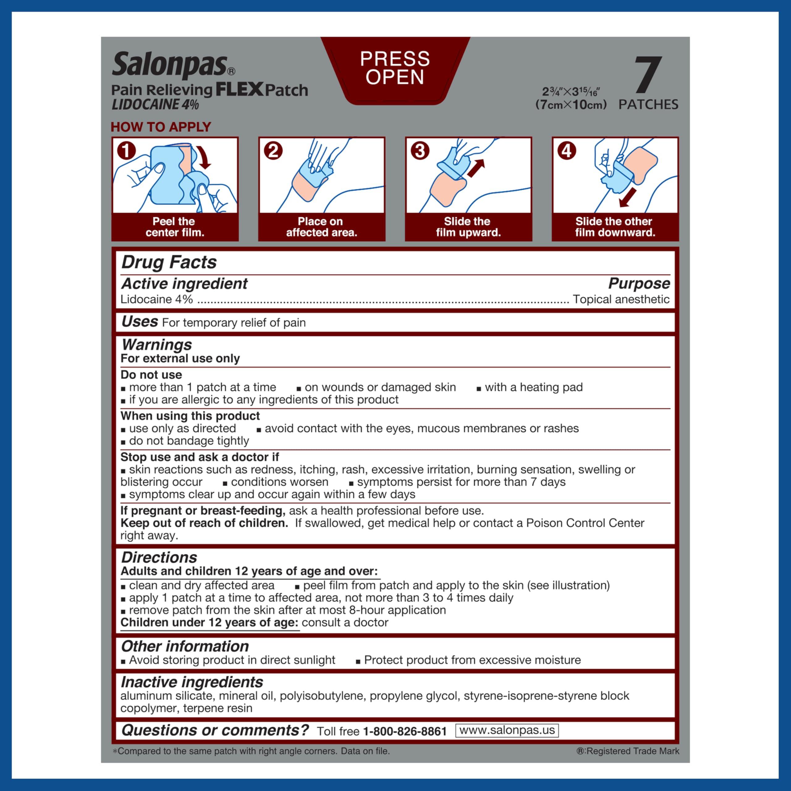 Salonpas Maximum OTC Strength Lidocaine 4% Pain Relieving Flex Patch, Apply for Up to 8 Hours, Unscented, Thin, Flexible, Lightweight, Patch Stays in Place, 7 Patches - Image 2