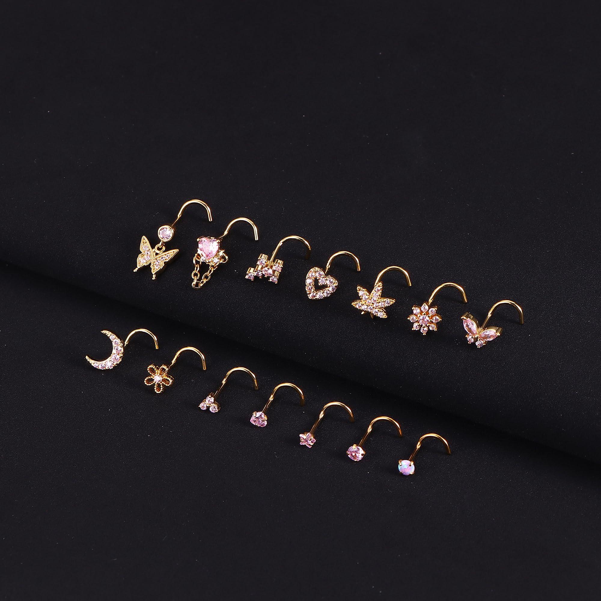 Drperfect Gold Silver Nose Rings Nose Studs for Women Nose Piercings 20G L Shaped Corkscrew Dangle Nose Rings Studs Simulated Diamond Pink CZ Opal Dangling Dangly Hanging Nose Piercing Jewelry with Heart Star Butterfly Flower Cross Moon Charm Cute Dainty Nose Jewelry - Image 2