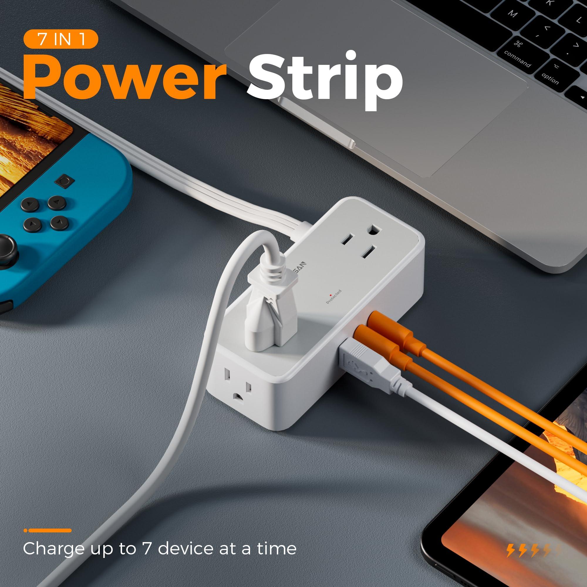 Flat Plug Extension Cord 5 FT, TESSAN Surge Protector Power Strip with 4 AC Outlets 3 USB Ports(2 USB C), 900 Joules Protection, Suitable for Home Office Dorm, Desk Organizers and Accessories - Image 2