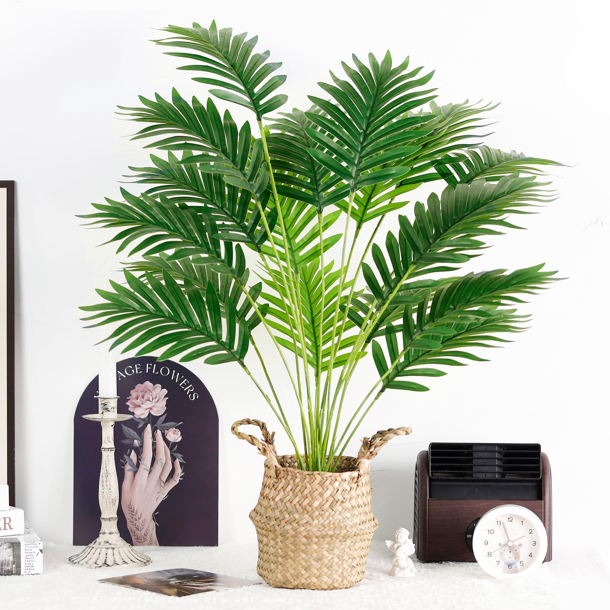 Der Rose Fake Palm Tree 28Inch Large Fake Potted Faux Areca Palm Plant with Hand-Woven Baskets with Handles for Indoor Outdoor Home Office Porch Balcony Bedroom Decor - Image 2