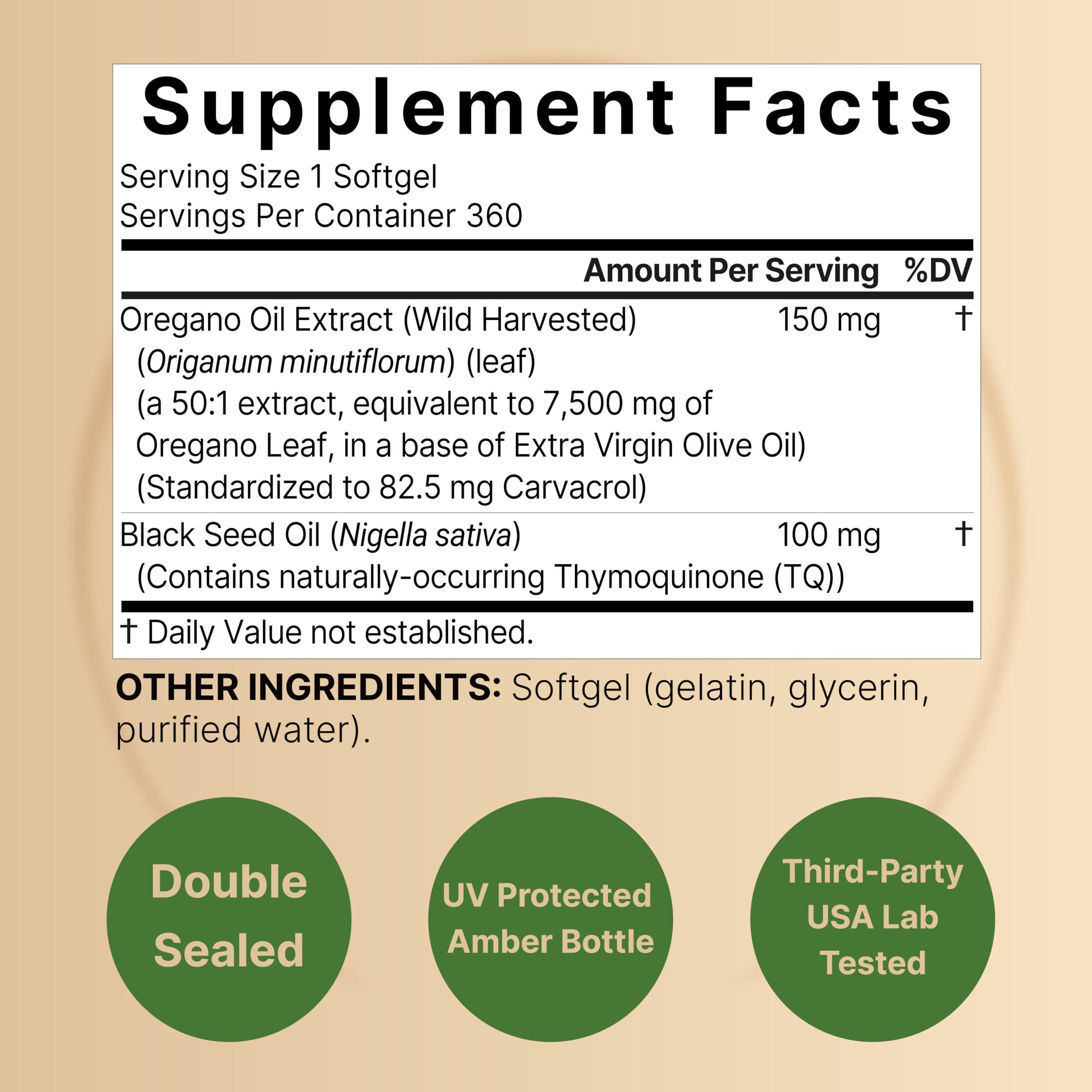 NatureBell Oregano Oil 7,500mg with Black Seed Oil, 360 Softgels | 360-day Supply Essential Oils for Immune Health | Retains High Concentrated Carvacrol & Thymoquinone – Non-GMO - Image 2