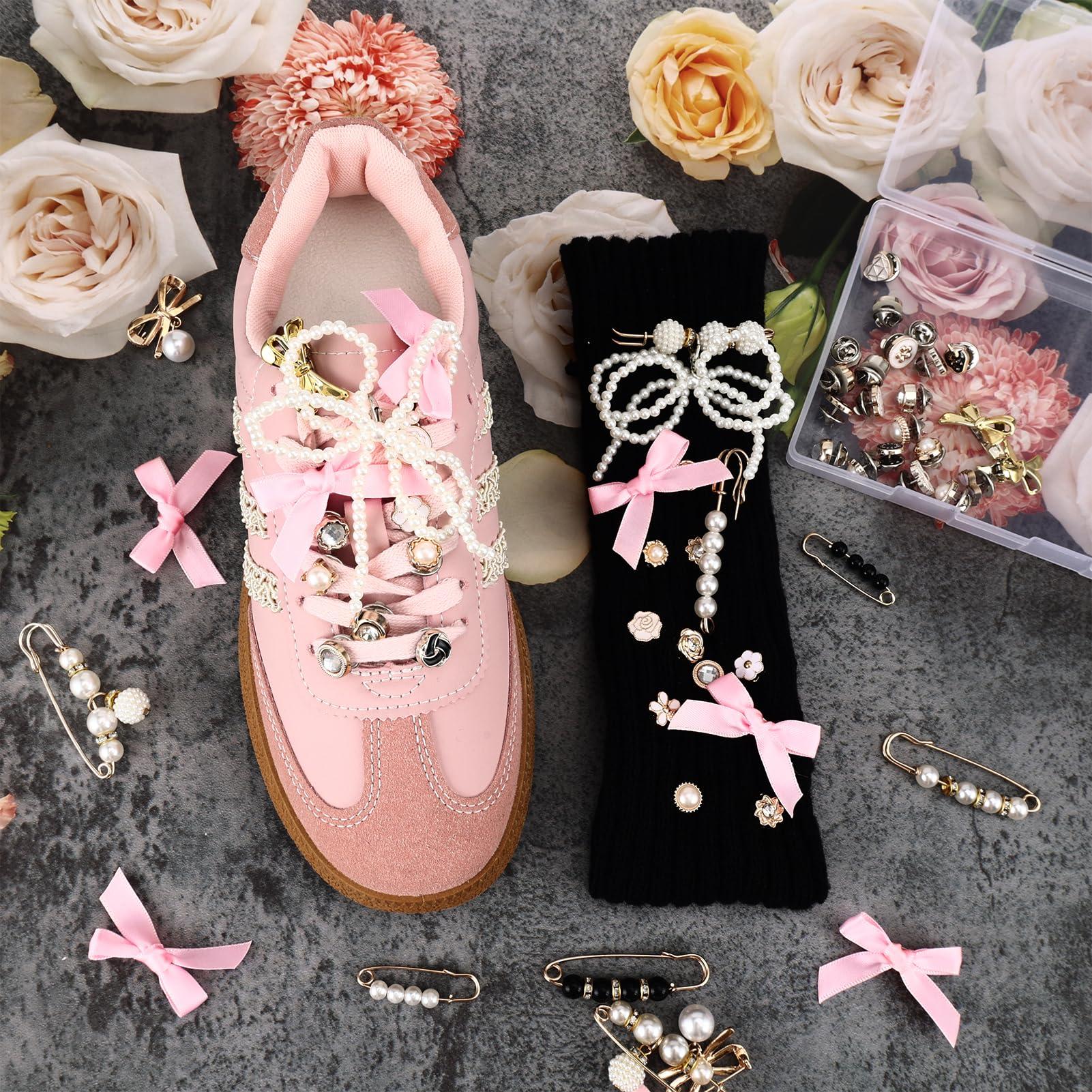 52Pcs Shoe Charms for Sneakers Bow Shoe Lace Charms Junk Sock Jewelry Kit for Women DIY Accessories Rhinestone Brooch Buttons Pearl Flower Clips Safety Pin Gold for Sneaker Hat Clothes Decoration - Image 2