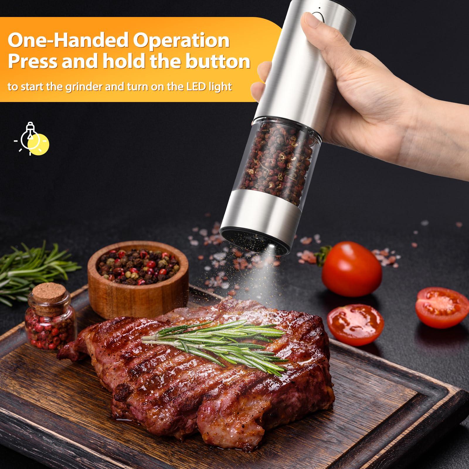 [Upgraded Larger Capacity] Rechargeable Electric Salt and Pepper Grinder Set with Storage Base,Stainless Steel Pepper Mills with LED Lights & Adjustable Coarseness One-Hand Operation, Silver (2 Pack) - Image 4