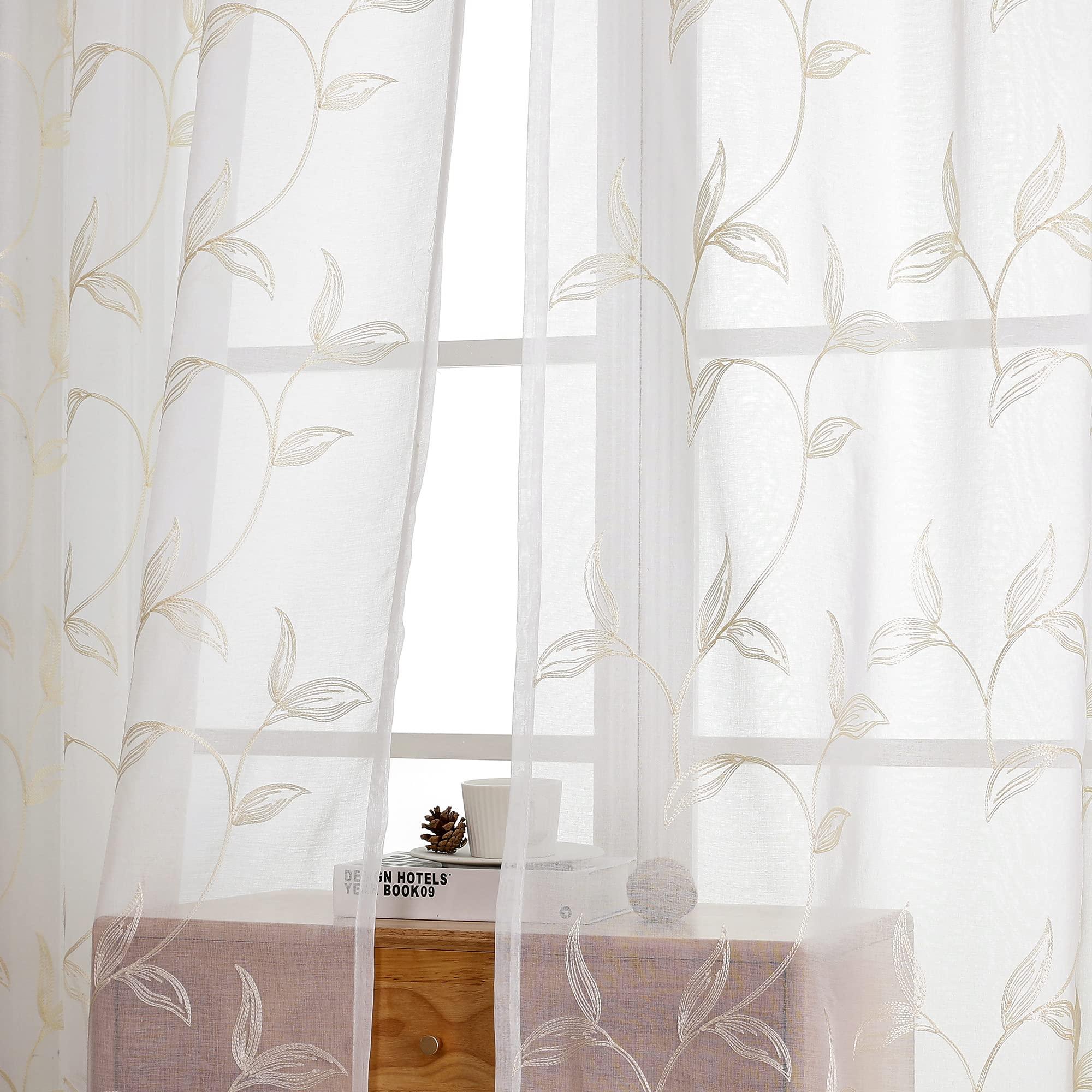VISIONTEX Sheer Curtains 84 inch Length 2 Panels Set, White Voile Crushed Cream Vine Leaves Embroidery, Rod Pocket Embroidered Window Drapes for Living Room and Bedroom, 54" x 84" - Image 6