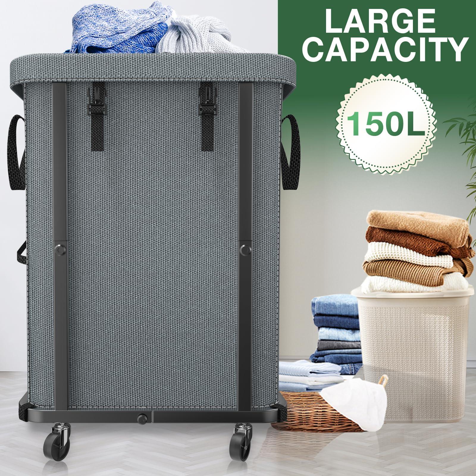 40 Gal(150L) High Grade Large Laundry Basket with Wheels, Rolling Laundry Hamper, Laundry Cart with Metal Frame and Removable Bag Design, Suitable for Laundry Room, Bedroom, Dorm Room (Grey, 150L) - Image 3