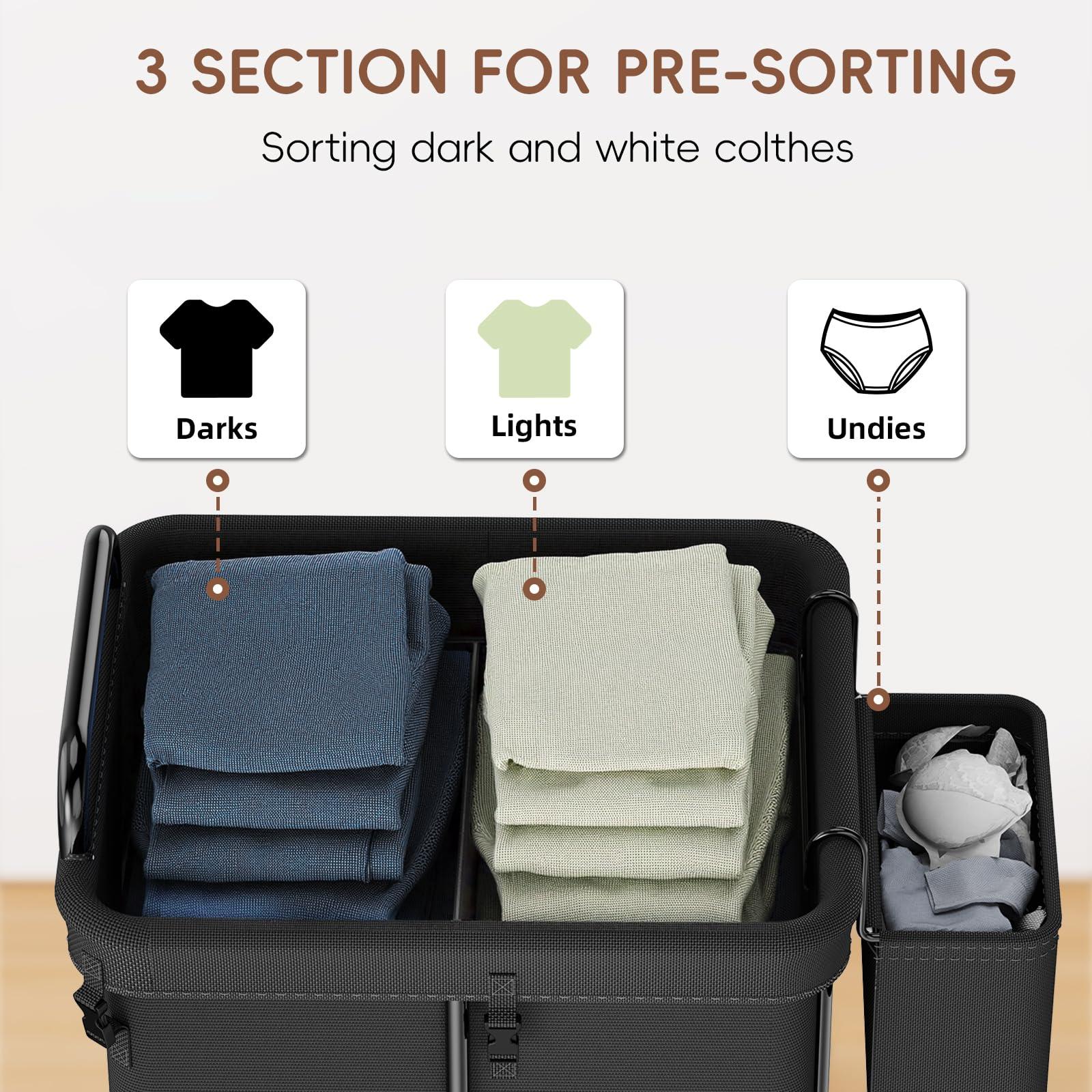 VOZZYOTO 150L Rolling Laundry Hampers on Wheels, 3 Section Laundry Basket with wheels with Side Bag for Dirty Clothes, Dorm Room Organization - Image 4
