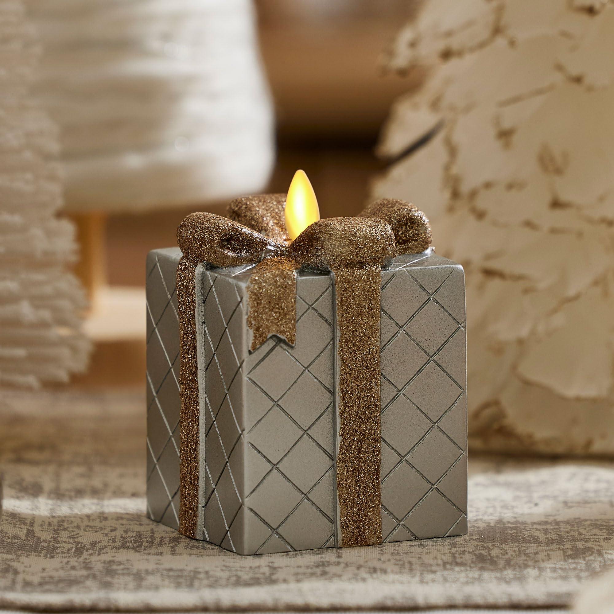 Luminara - Flameless Holiday LED Candle Battery Operated Moving Flame - Silver Gift Box - Pack of 1-3x4.25 - Glitter Ribbon with 5-Hour Timer Candle - Image 2