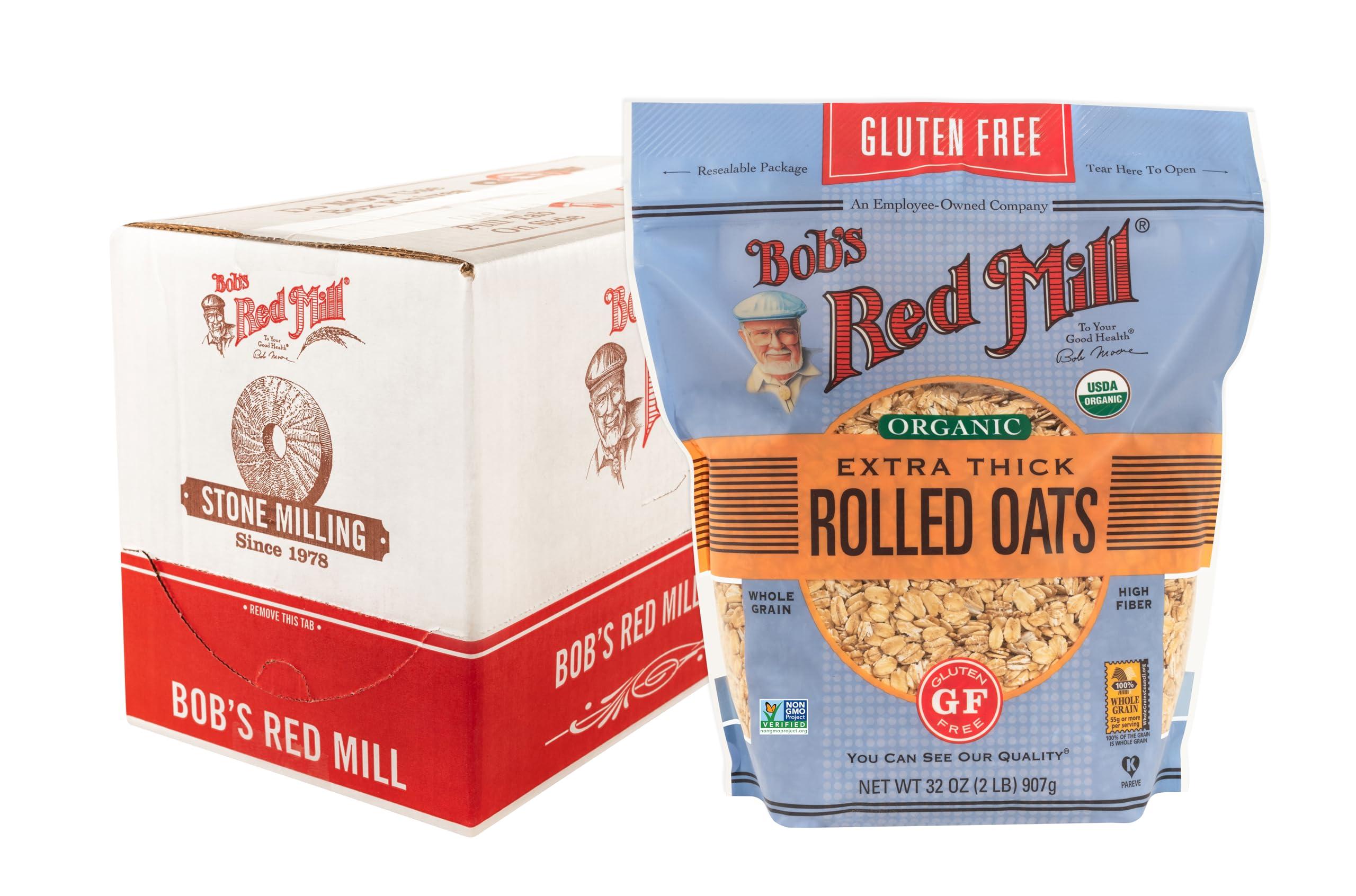 Bob's Red Mill Gluten Free Organic Extra Thick Rolled Oats, 32oz (Pack of 4) - Non GMO, Whole Grain, Vegan, Kosher