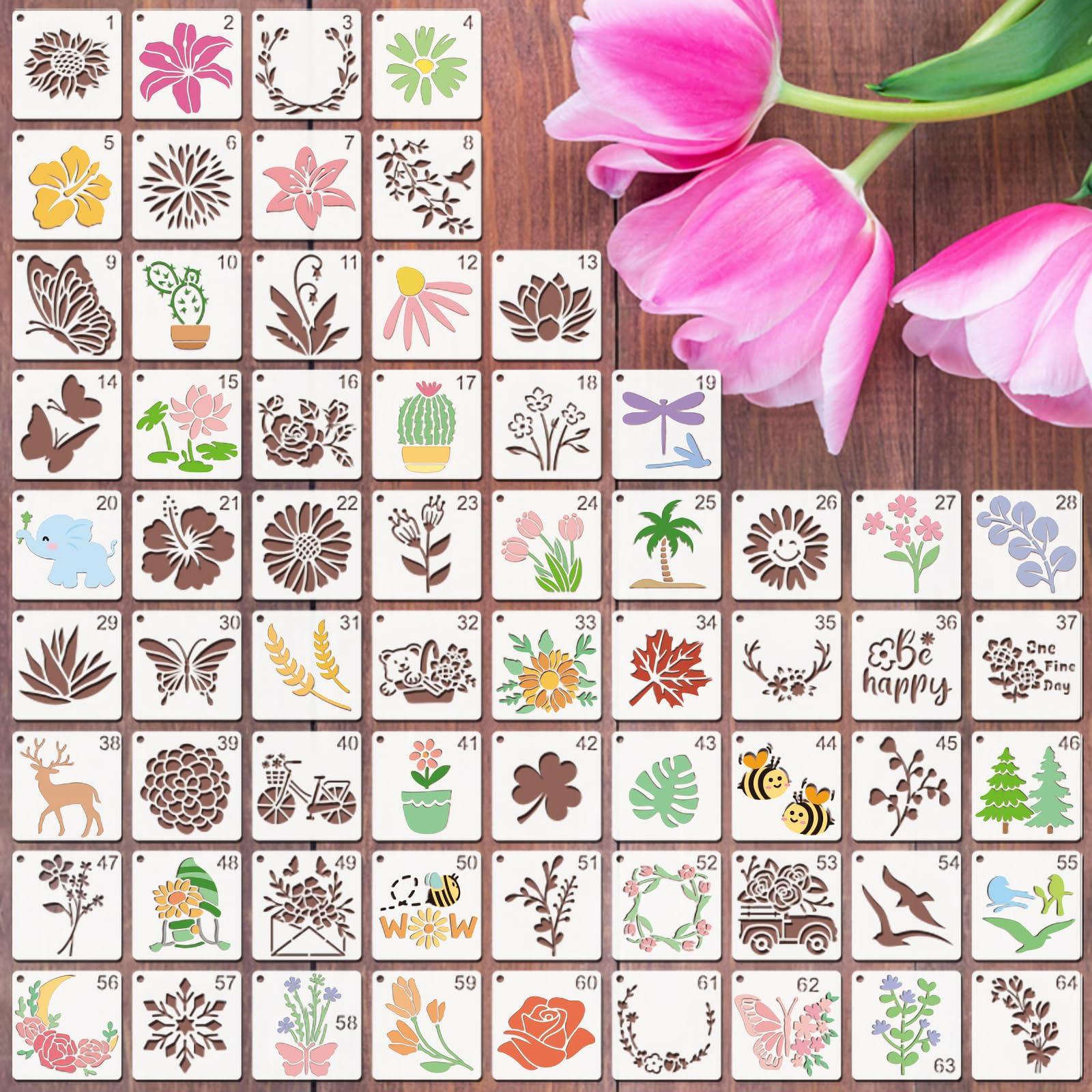 Flower Stencils for Painting, Professional Art Drawing Templates 64PCS 3x3 Clear PET Plastic with Rose Sunflower Patterns for Home Wall Art, Canvas Painting, Furniture Decor and DIY Crafts