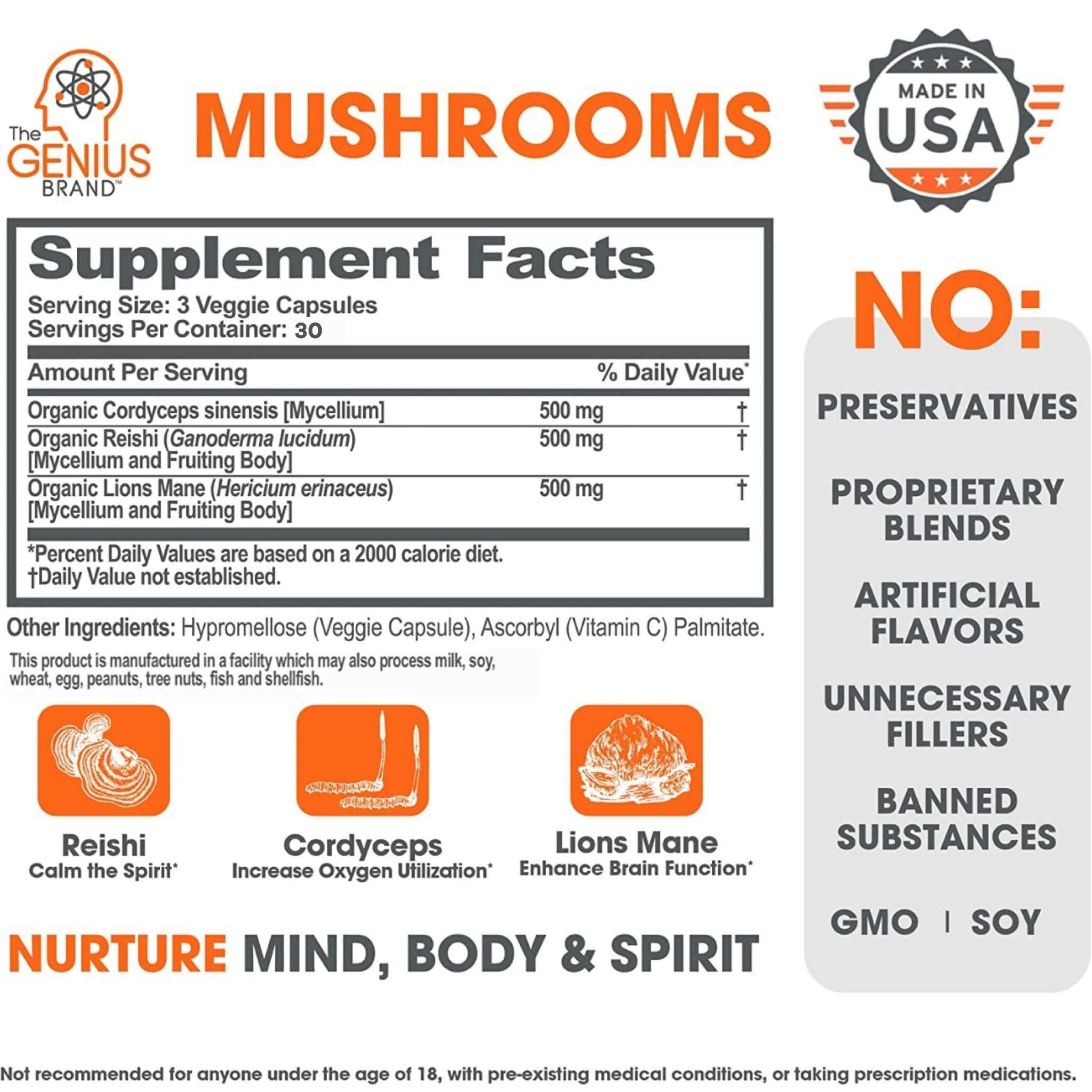 Genius Mushroom Supplement - Full-Spectrum Lion’s Mane, Cordyceps, Reishi -Daily Brain Nootropic for Energy, Focus, Memory & Overall Wellness - 90 Capsules – Organic for Mental Clarity & Performance - Image 3