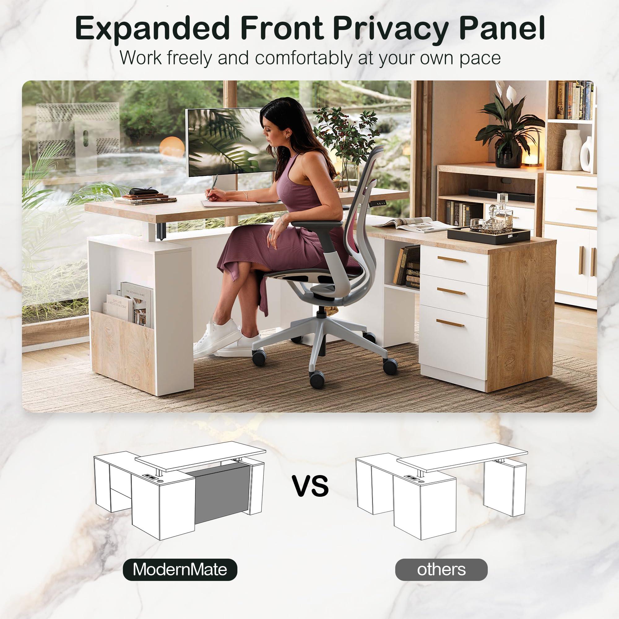 ModernMate 63" Standing Desk with File Cabinet, Privacy Panel, AC/USB, 1.18" Desktop, Executive L Shaped Height Adjustable Electric Stand Up Desk, Home Office Table with 3 Drawers, Light Walnut - Image 2