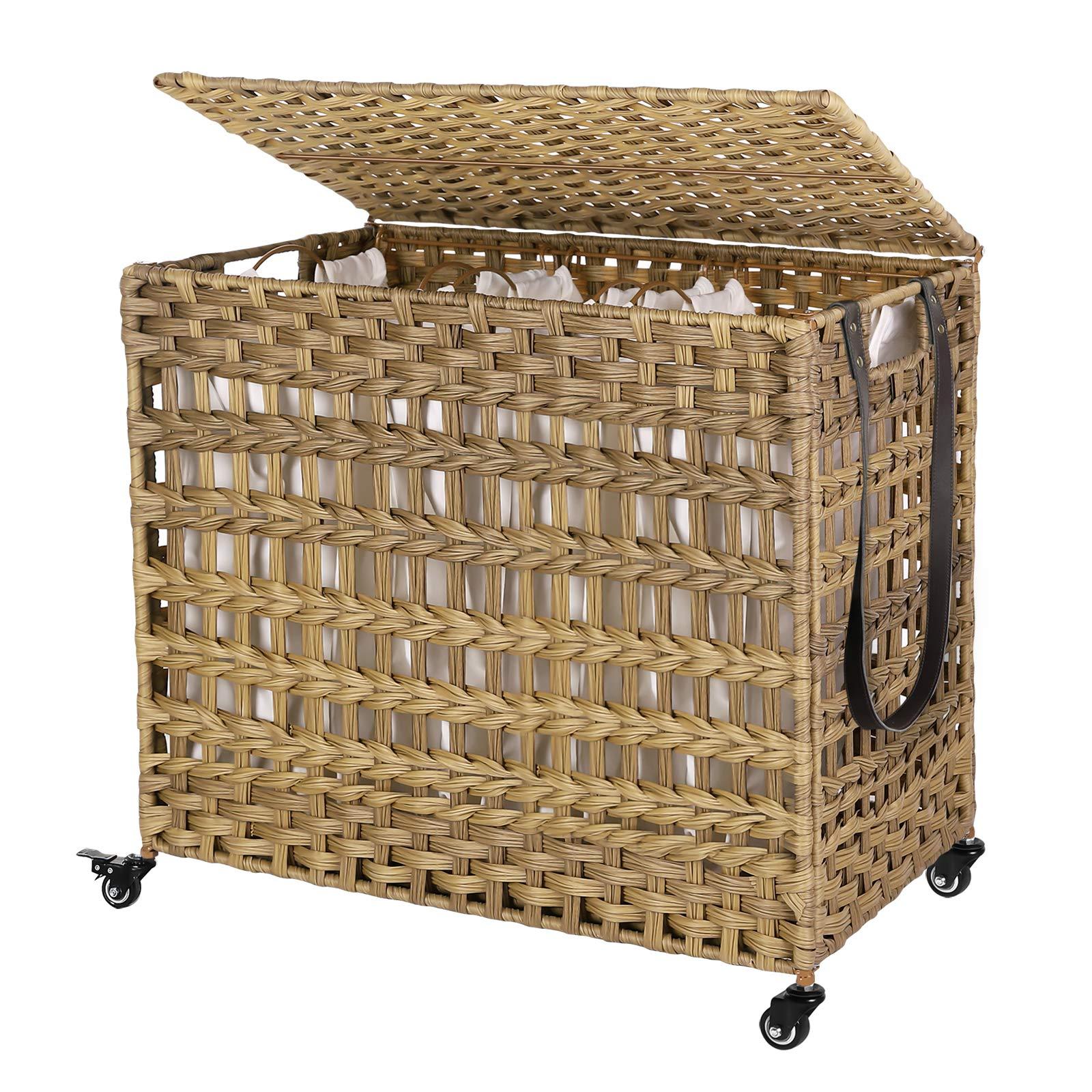 SONGMICS Laundry Hamper with Lid, 140L Synthetic Rattan Laundry Basket with Wheels, Clothes Hamper with 3 Removable Liner Bags, 3-Section Hampers with Handles, Laundry Room, Natural ULCB083N01