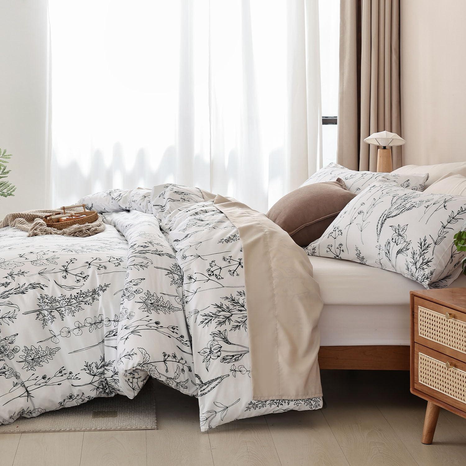 JANZAA Queen Comforter Set White Comforter Floral Bedding Sets 3 Pieces Flowers Bed Comforter 1 Soft Reversible Cute Botanical with 2 Pillow Shams - Image 5