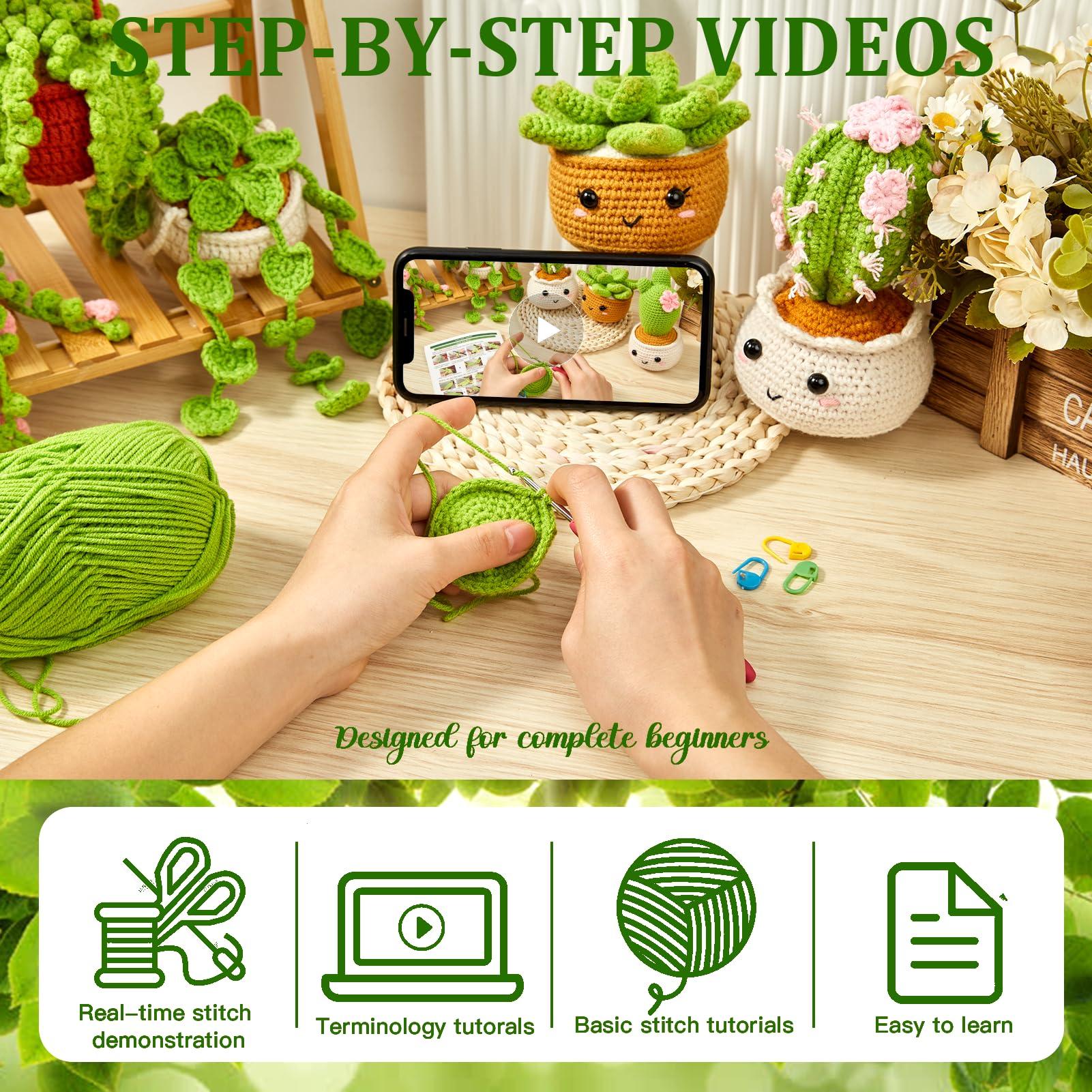 MAGIMUSE Crochet Kit for Beginners, Crochet Starter Kits, Amigurumi Craft Knitting Crocheting Kits with Step-by-Step Video Tutorials, 6 Pack Hanging Potted Plants Family(40%+ Yarn - Image 4
