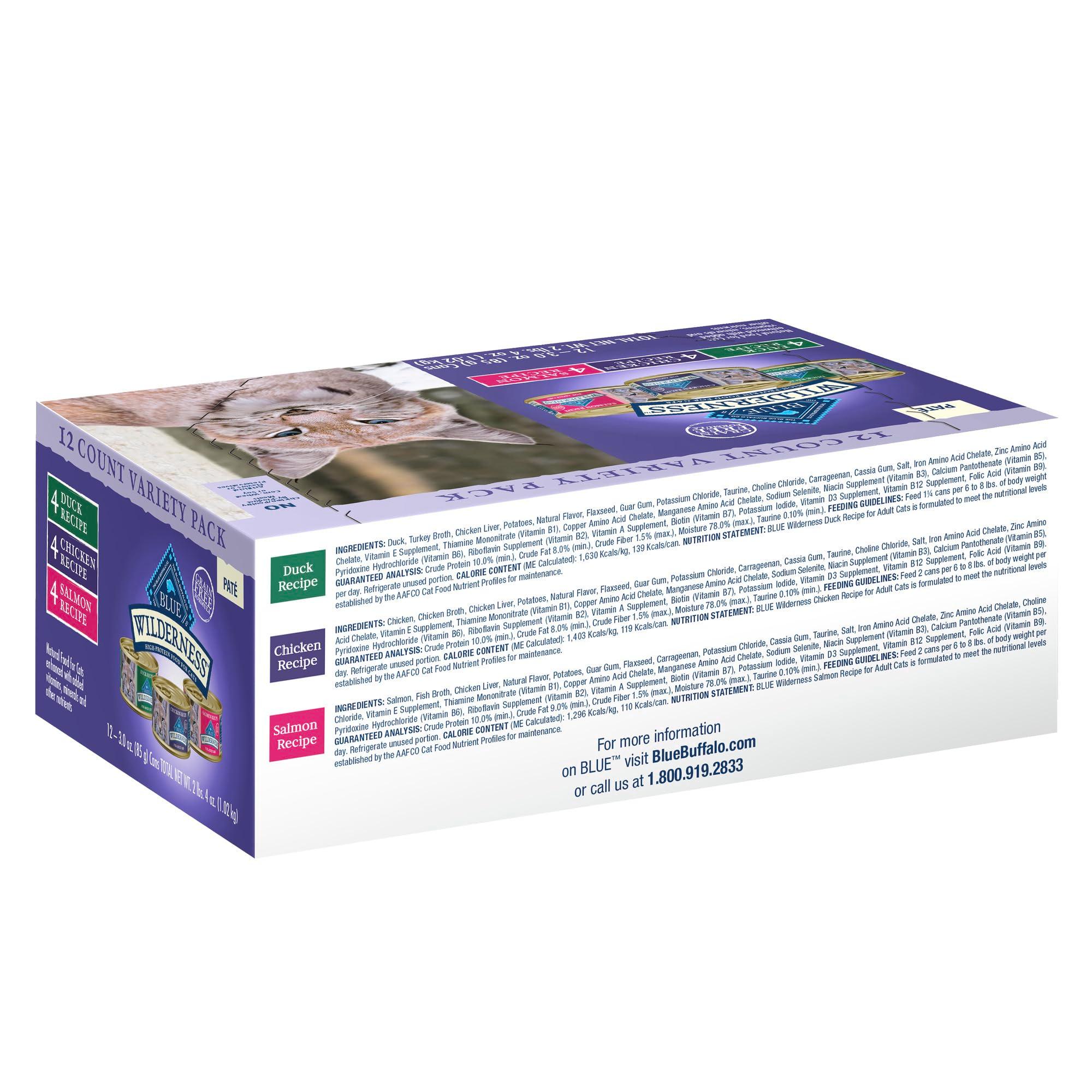 Blue Buffalo Wilderness High Protein, Natural Adult Pate Wet Cat Food Variety Pack, Chicken, Salmon, Duck 3-oz Cans (12 Count- 4 of Each Flavor) - Image 3