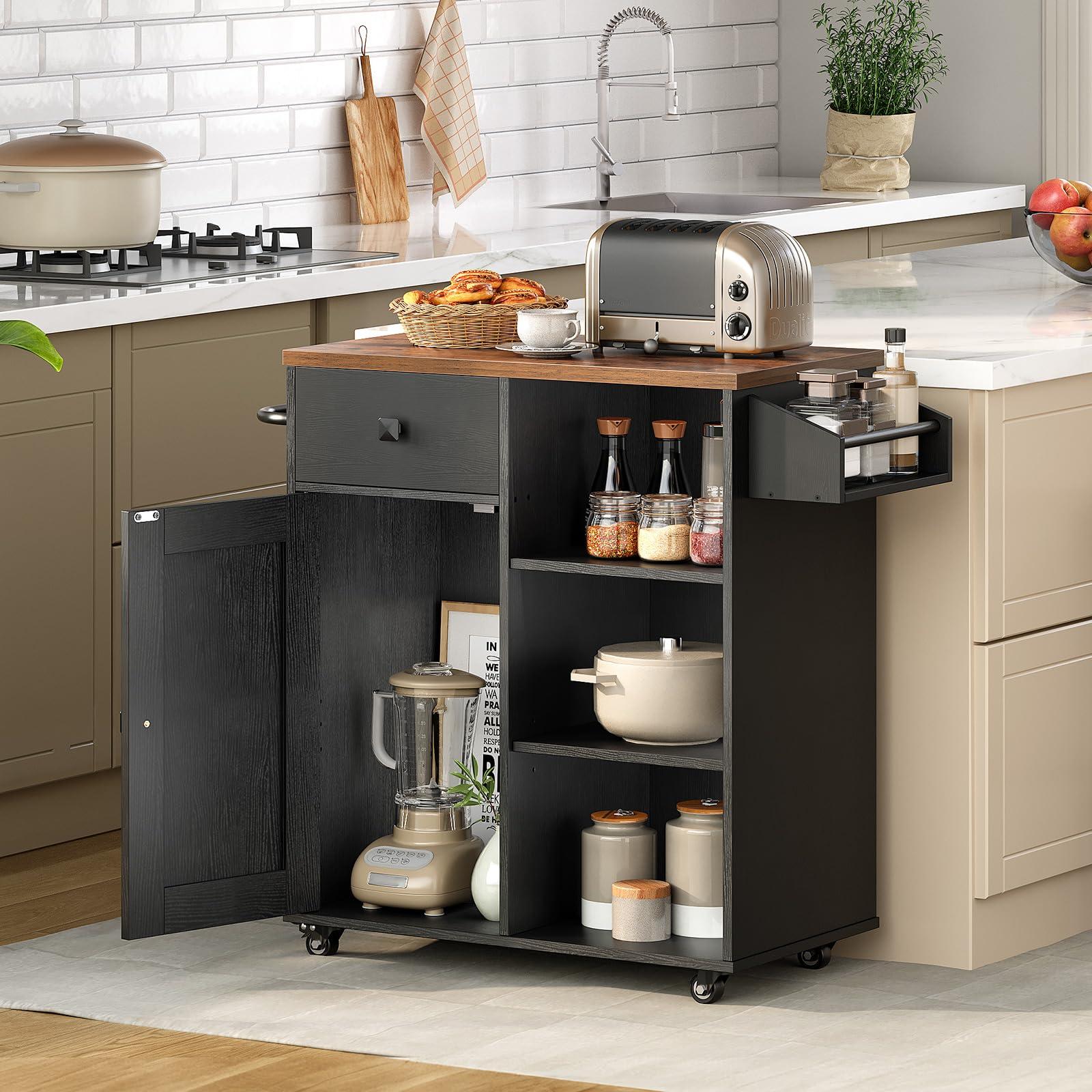 HOOBRO Kitchen Island, Storage Cabinet with Drawer, Kitchen Cart with Spice and Towel Rack, Saving Space, Easy Assembly, for Living Room, Rustic Brown and Black FB12ZD01 - Image 2